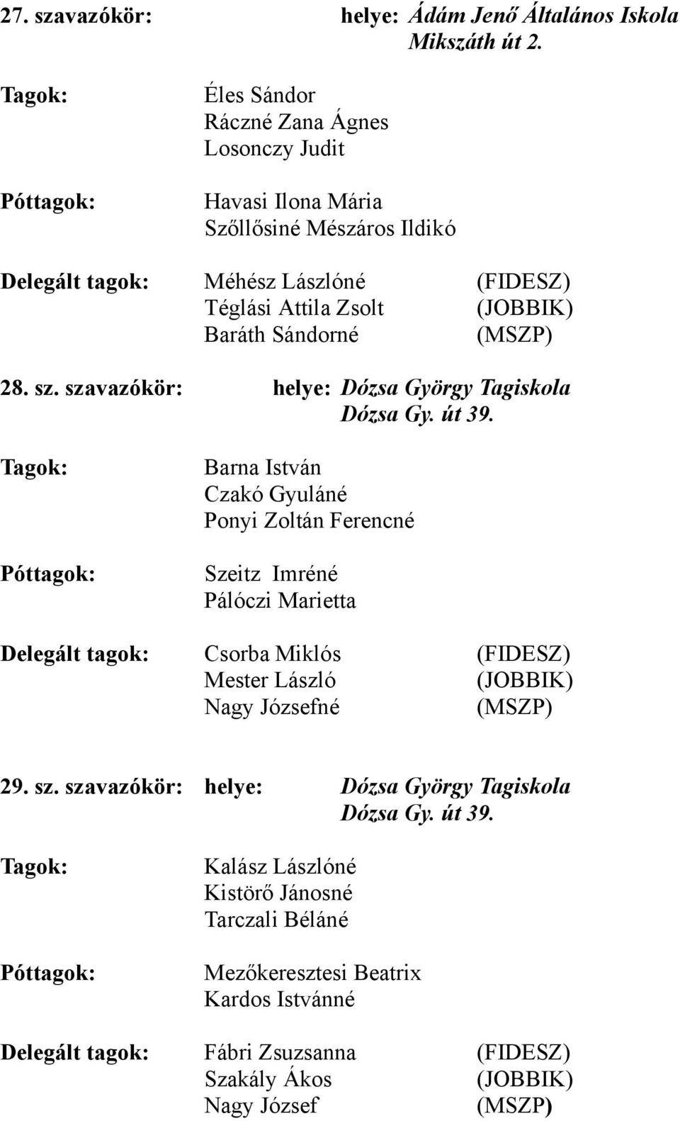 Sándorné 28. sz. szavazókör: helye: Dózsa György Tagiskola Dózsa Gy. út 39.