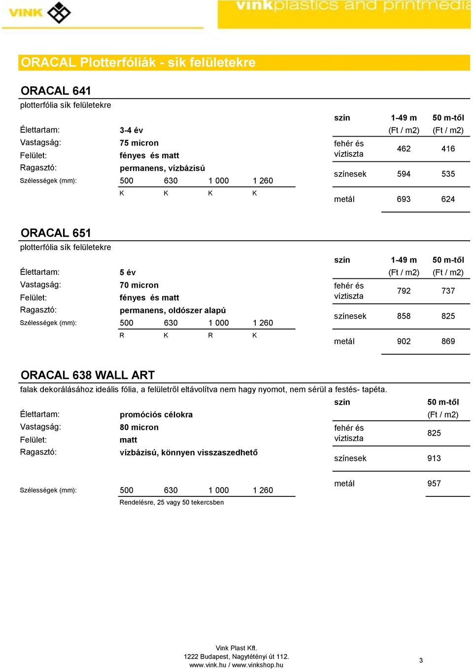 víztiszta (Ft / m2) (Ft / m2) 792 737 színesek 858 825 R R metál 902 869 ORACAL 638 WALL ART falak dekorálásához ideális fólia, a felületről eltávolítva nem hagy nyomot, nem sérül a festés- tapéta.