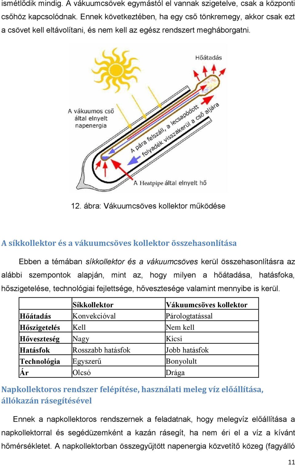 ábra: Vákuumcsöves kollektor működése A síkkollektor és a vákuumcsöves kollektor összehasonlítása Ebben a témában síkkollektor és a vákuumcsöves kerül összehasonlításra az alábbi szempontok alapján,