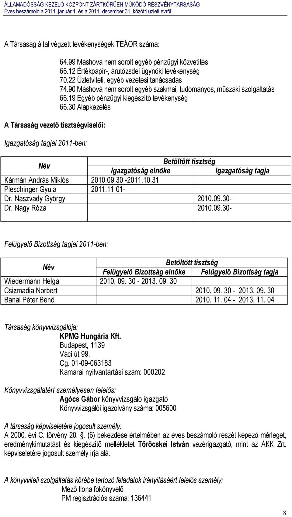 19 Egyéb pénzügyi kiegészítő tevékenység 66.30 Alapkezelés Név Betöltött tisztség Igazgatóság elnöke Igazgatóság tagja Kármán András Miklós 2010.09.30-2011.10.31 Pleschinger Gyula 2011.11.01- Dr.