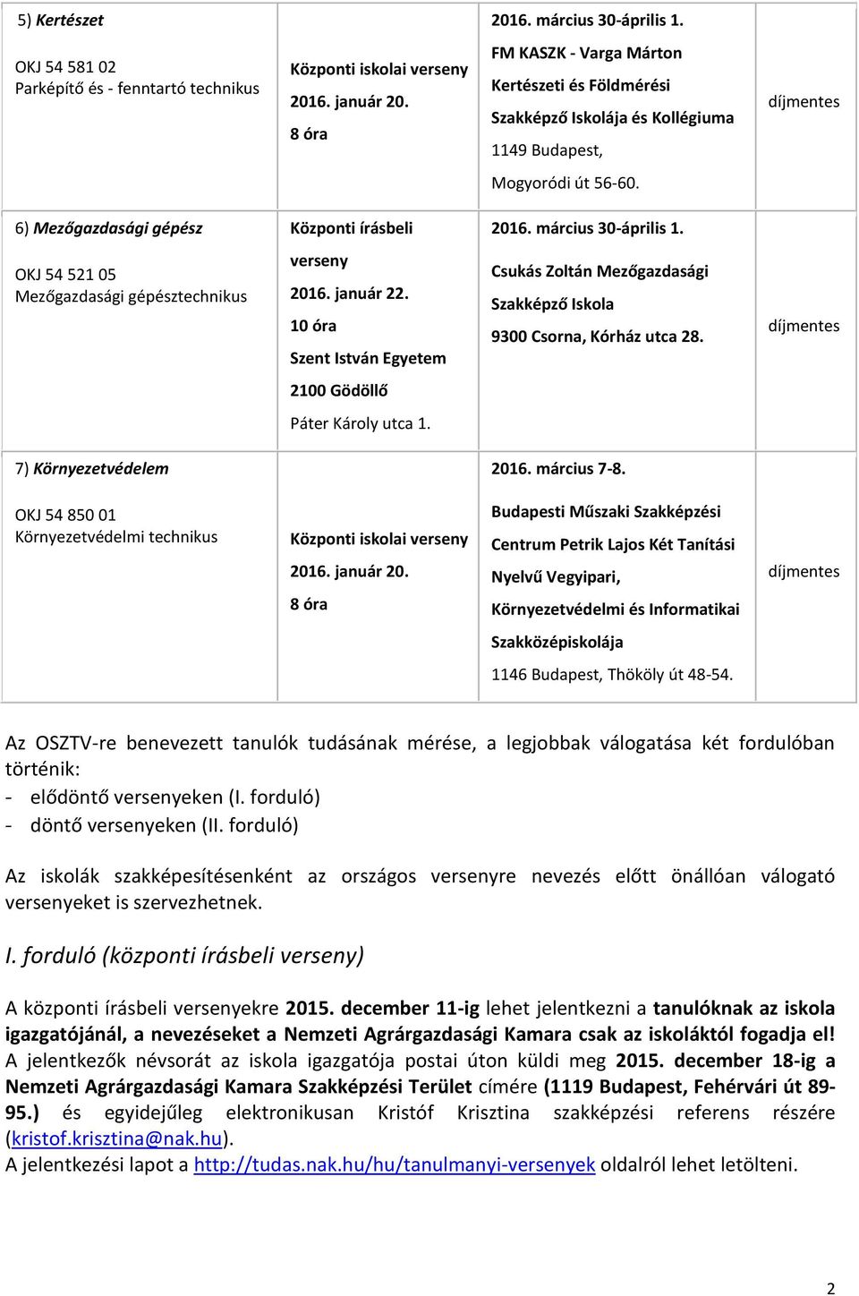 OKJ 54 521 05 Mezőgazdasági gépésztechnikus verseny 2016. január 22. 10 óra Szent István Egyetem Csukás Zoltán Mezőgazdasági Szakképző Iskola 9300 Csorna, Kórház utca 28.