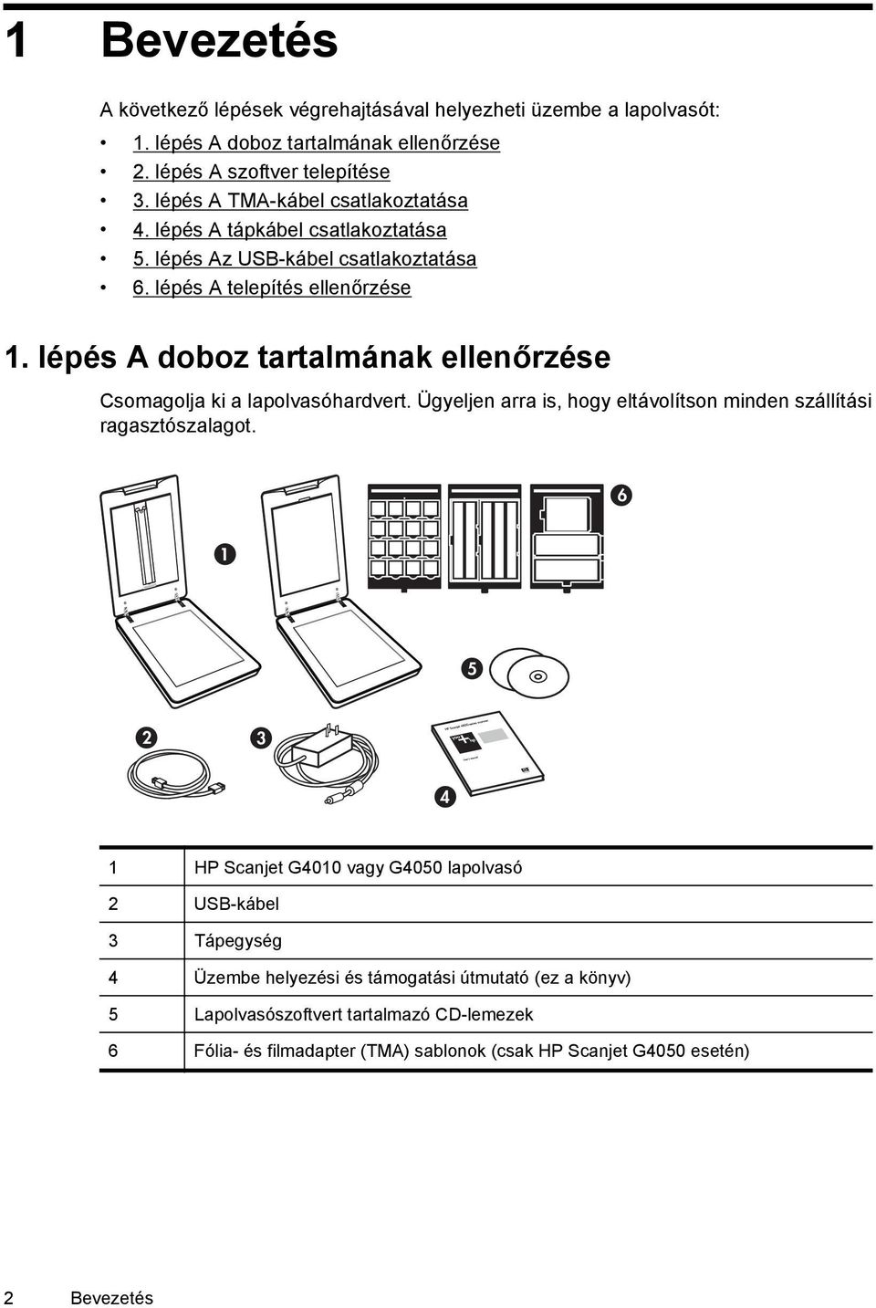 lépés A doboz tartalmának ellenőrzése Csomagolja ki a lapolvasóhardvert. Ügyeljen arra is, hogy eltávolítson minden szállítási ragasztószalagot.