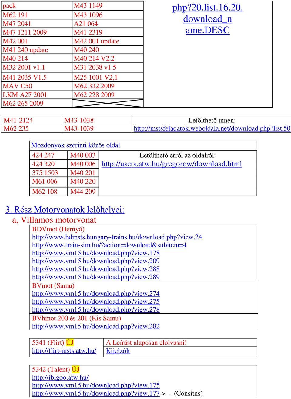 net/download.php?list.50 Mozdonyok szerinti közös oldal 424 247 M40 003 424 320 M40 006 375 1503 M40 201 M61 006 M40 220 M62 108 M44 209 Letölthető erről az oldalról: http://users.atw.