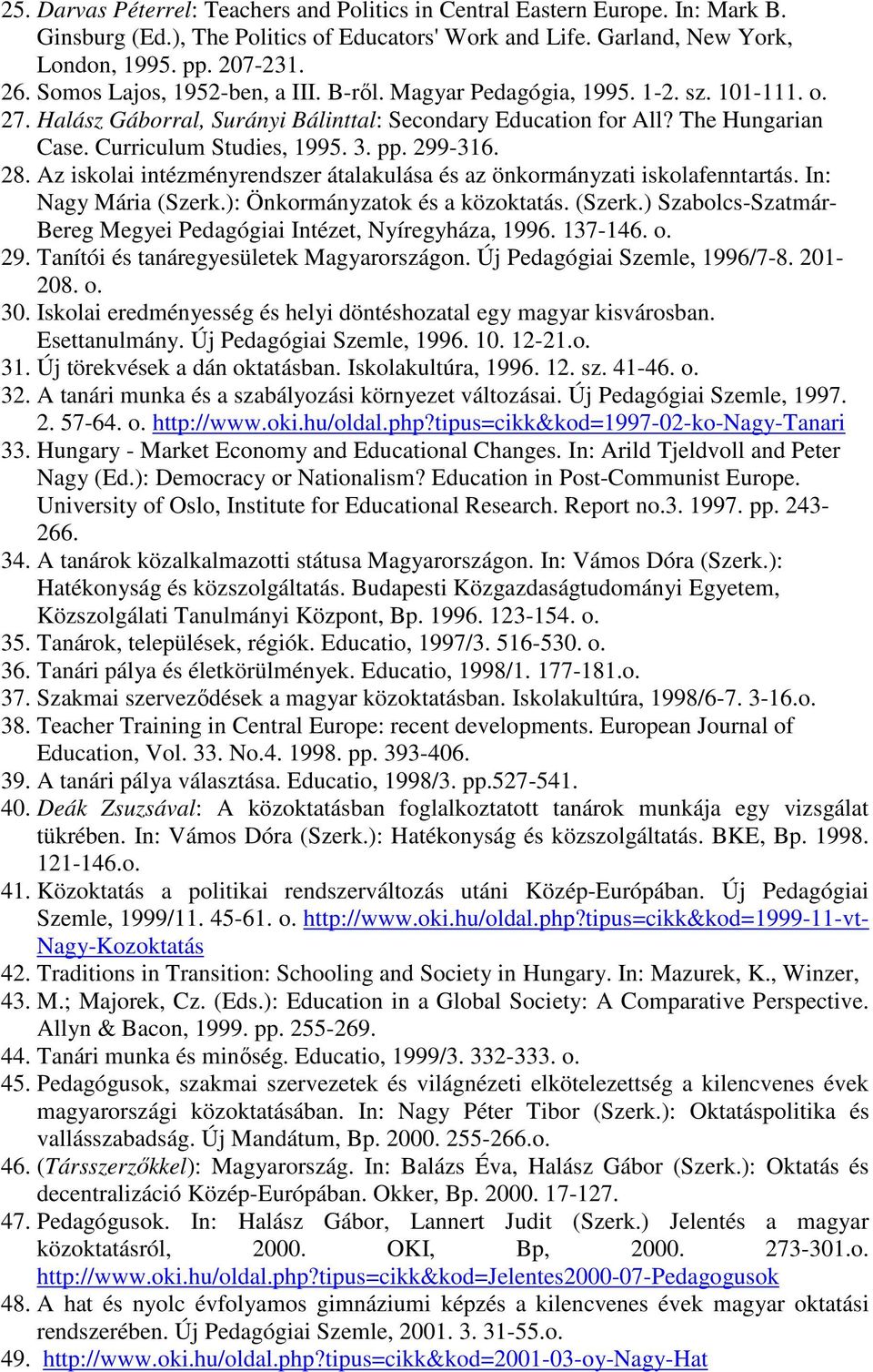 pp. 299-316. 28. Az iskolai intézményrendszer átalakulása és az önkormányzati iskolafenntartás. In: Nagy Mária (Szerk.): Önkormányzatok és a közoktatás. (Szerk.) Szabolcs-Szatmár- Bereg Megyei Pedagógiai Intézet, Nyíregyháza, 1996.