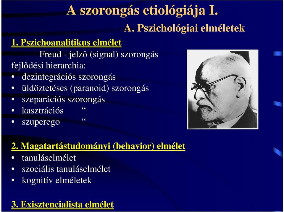 dezintegrációs szorongás üldöztetéses (paranoid) szorongás szeparációs szorongás kasztrációs