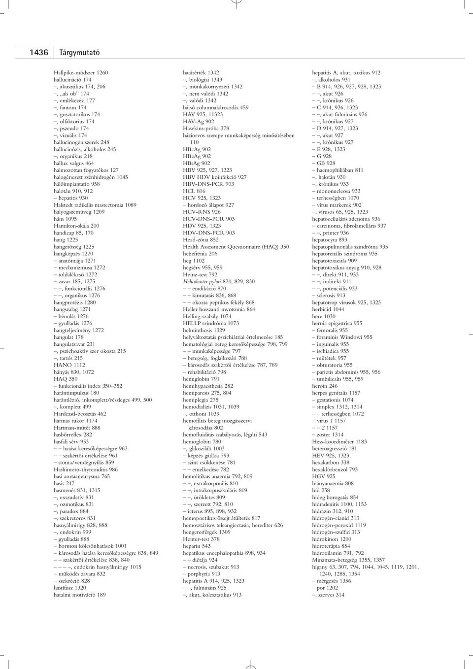 mastectomia 1089 hályogszemüveg 1209 hám 1095 Hamilton-skála 200 handicap 85, 170 hang 1225 hangerôsség 1225 hangképzés 1270 anatómiája 1271 mechanizmusa 1272 toldalékcsô 1272 zavar 185, 1275,