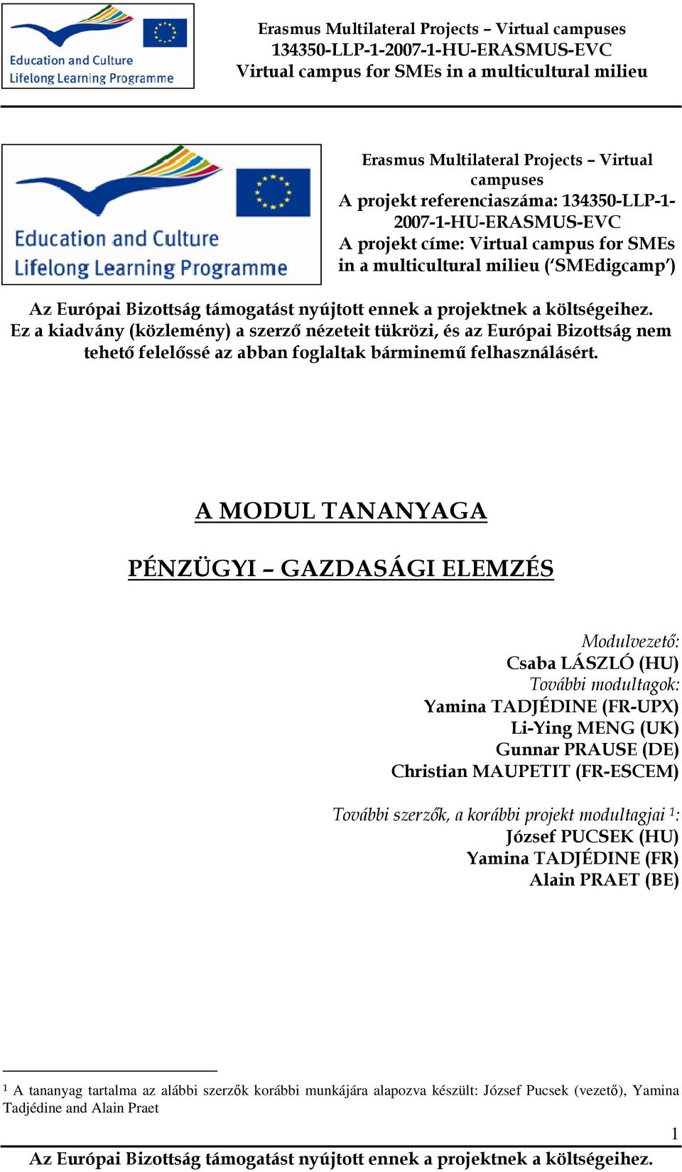 A MODUL TANANYAGA PÉNZÜGYI GAZDASÁGI ELEMZÉS Modulvezetı: Csaba LÁSZLÓ (HU) További modultagok: Yamina TADJÉDINE (FR-UPX) Li-Ying MENG (UK) Gunnar PRAUSE (DE) Christian MAUPETIT (FR-ESCEM)