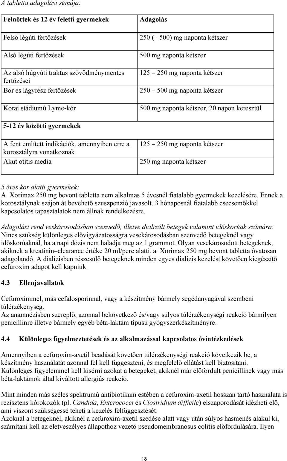 gyermekek A fent említett indikációk, amennyiben erre a korosztályra vonatkoznak Akut otitis media 125 250 mg naponta kétszer 250 mg naponta kétszer 5 éves kor alatti gyermekek: A Xorimax 250 mg