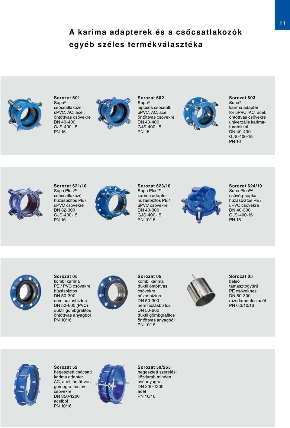 Supa Plus csőcsatlakozó húzásbiztos PE / upv csövekre N 32-300 GJS-400-15 PN 16 Sorozat 623/10 Supa Plus karima adapter húzásbiztos PE / upv csövekre N 40-300 GJS-400-15 PN 10/16 Sorozat 624/10 Supa