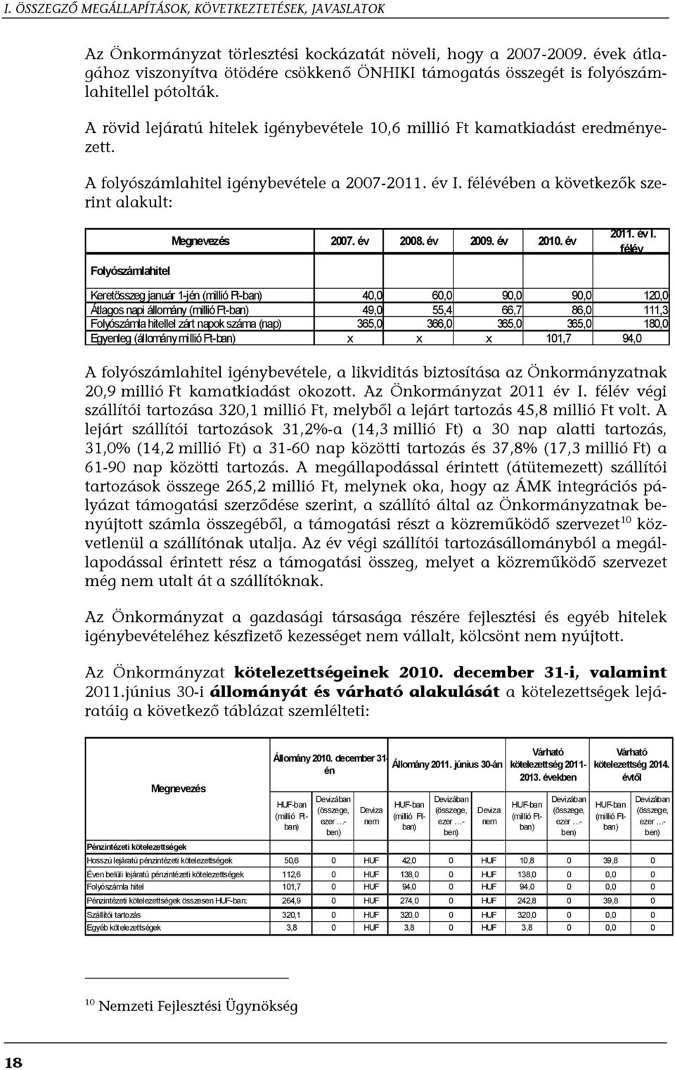 A folyószámlahitel igénybevétele a 2007-2011. év I.