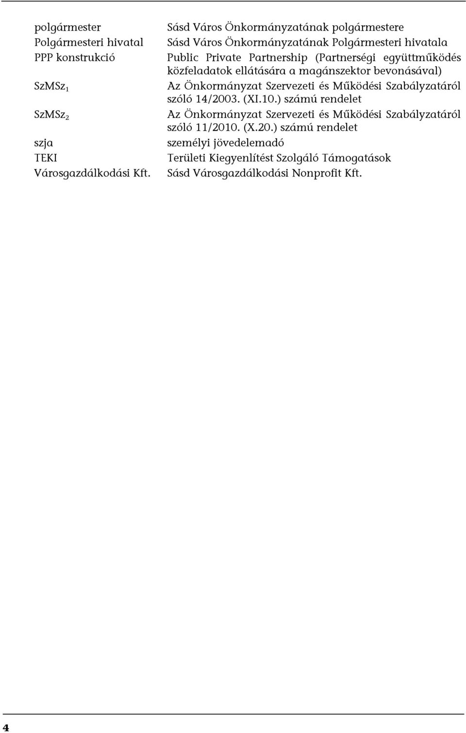 közfeladatok ellátására a magánszektor bevonásával) Az Önkormányzat Szervezeti és Működési Szabályzatáról szóló 14/2003. (XI.10.