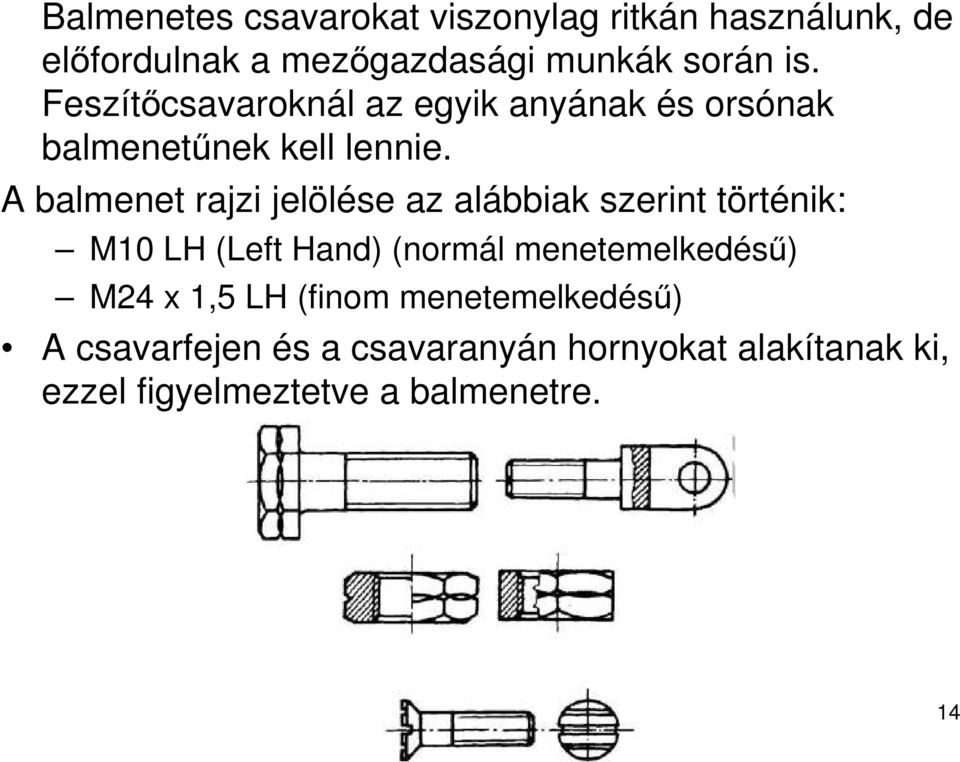 A balmenet rajzi jelölése az alábbiak szerint történik: M10 LH (Left Hand) (normál menetemelkedésű)