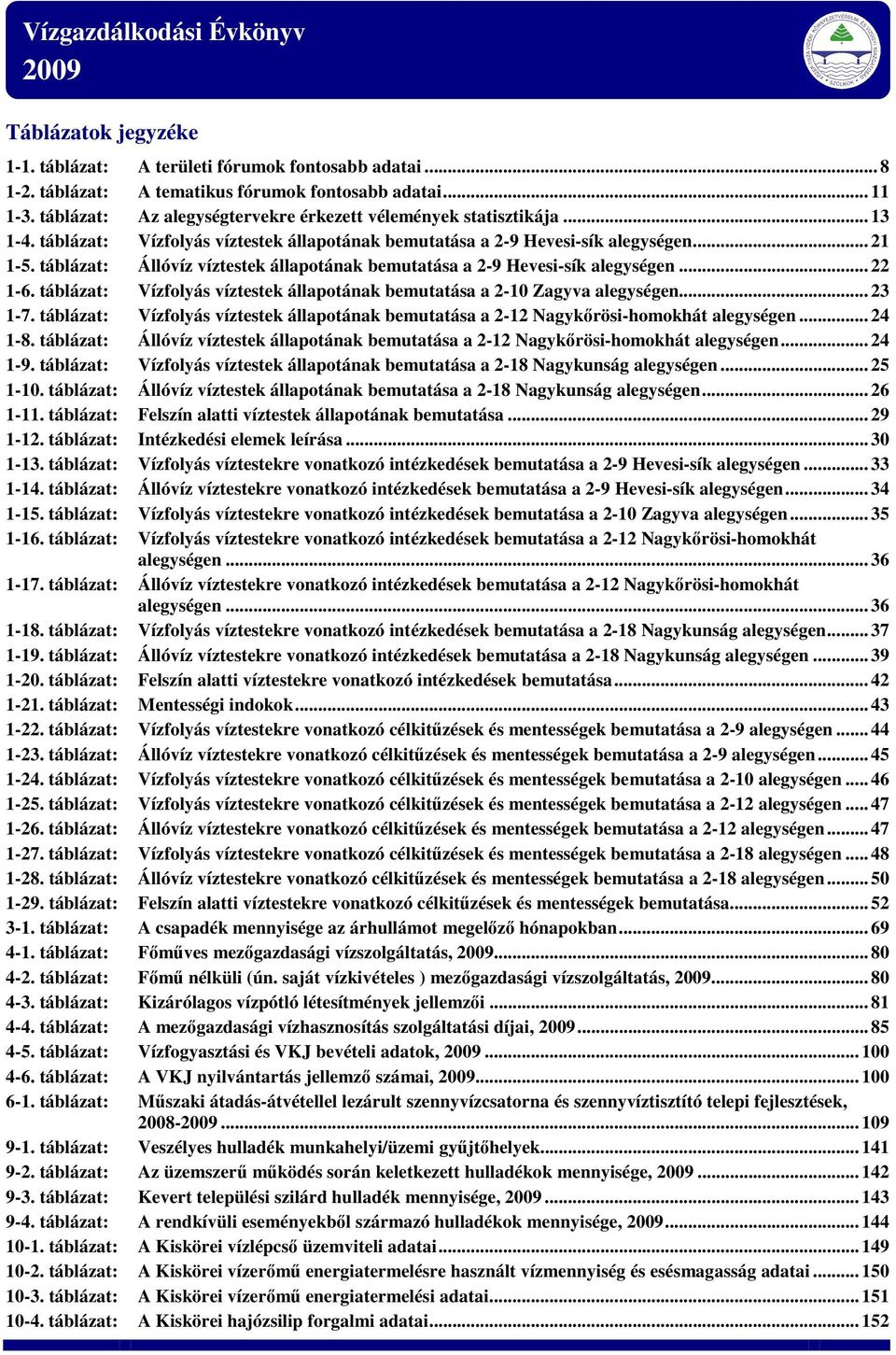 táblázat: Állóvíz víztestek állapotának bemutatása a 2-9 Hevesi-sík alegységen... 22 1-6. táblázat: Vízfolyás víztestek állapotának bemutatása a 2-10 Zagyva alegységen... 23 1-7.