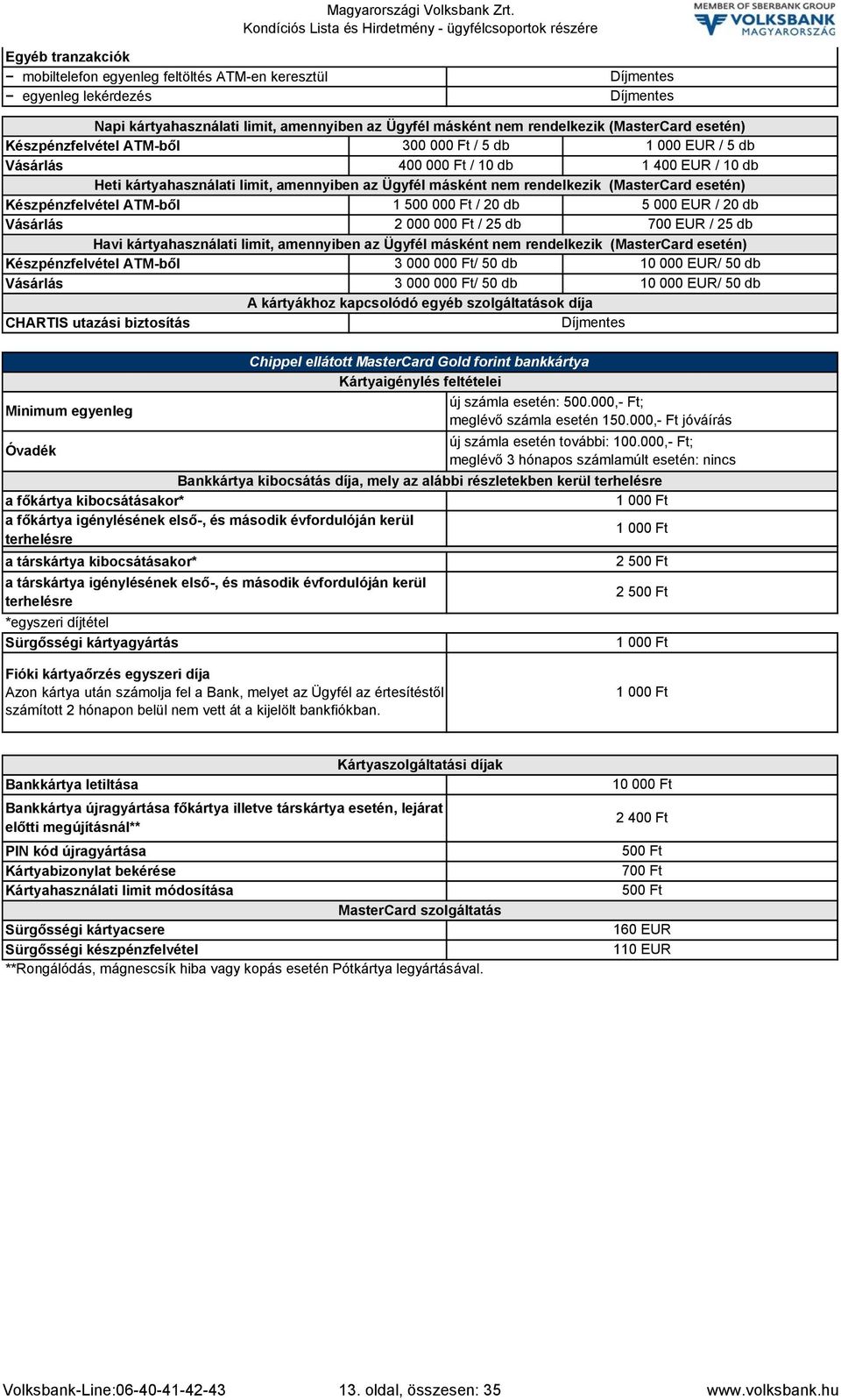 ATMből 1 500 000 Ft / 20 db 5 000 EUR / 20 db Vásárlás 2 000 000 Ft / 25 db 700 EUR / 25 db Havi kártyahasználati limit, amennyiben az Ügyfél másként nem rendelkezik (MasterCard esetén)