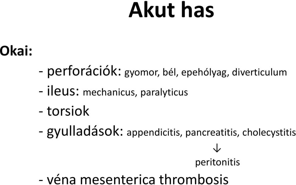 paralyticus - torsiok - gyulladások: appendicitis,