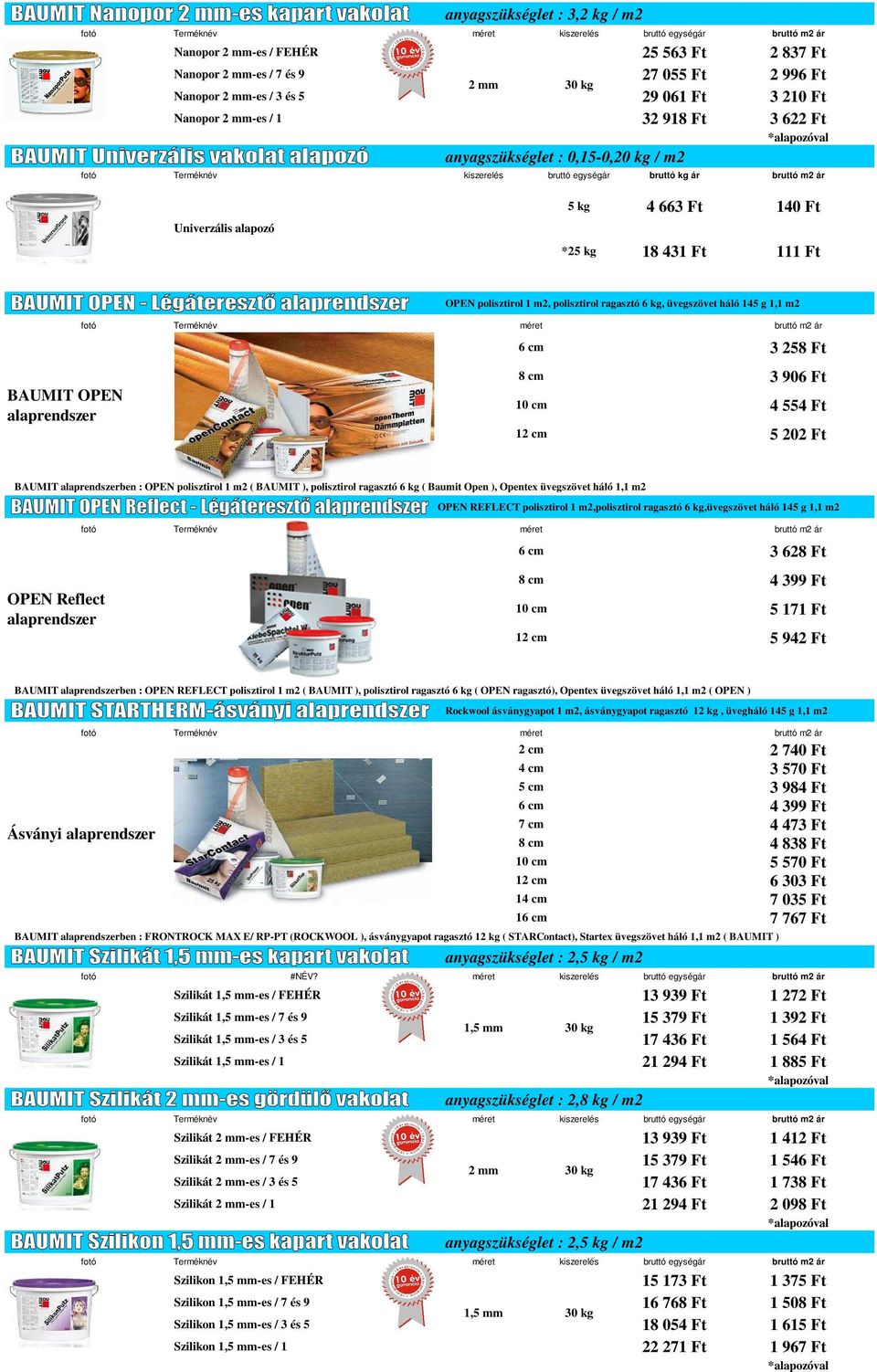 kg, üvegszövet háló 145 g 1,1 m2 3 258 Ft 3 906 Ft 4 554 Ft 5 202 Ft BAUMIT ben : OPEN polisztirol 1 m2 ( BAUMIT ), polisztirol ragasztó 6 kg ( Baumit Open ), Opentex üvegszövet háló 1,1 m2 OPEN