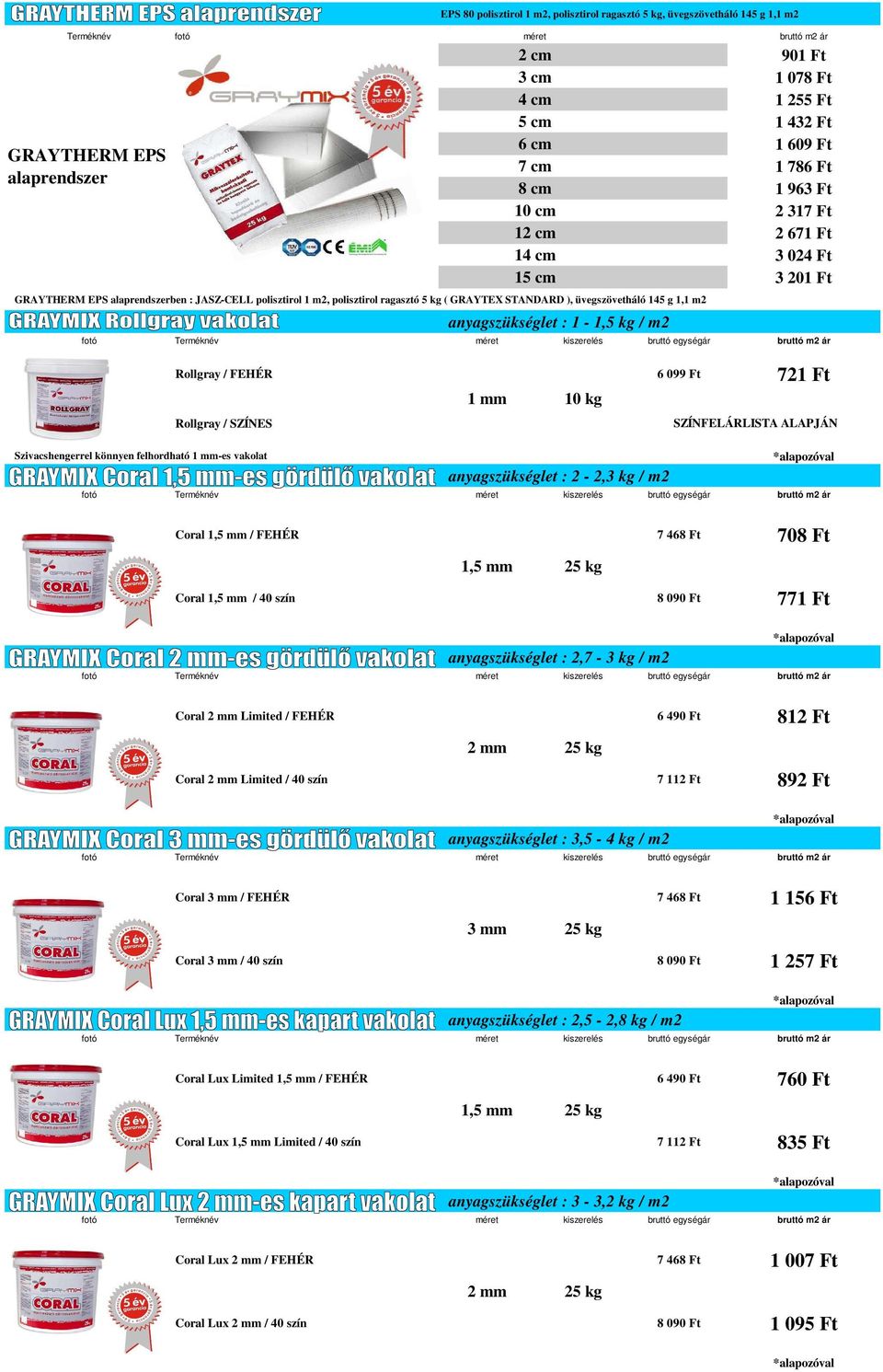 m2 Szivacshengerrel könnyen felhordható 1 mm-es vakolat anyagszükséglet : 1-1,5 kg / m2 1 mm 10 kg anyagszükséglet : 2-2,3 kg / m2 Coral 1,5 mm / FEHÉR 7 468 Ft 708 Ft 1,5 mm 25 kg SZÍNFELÁRLISTA