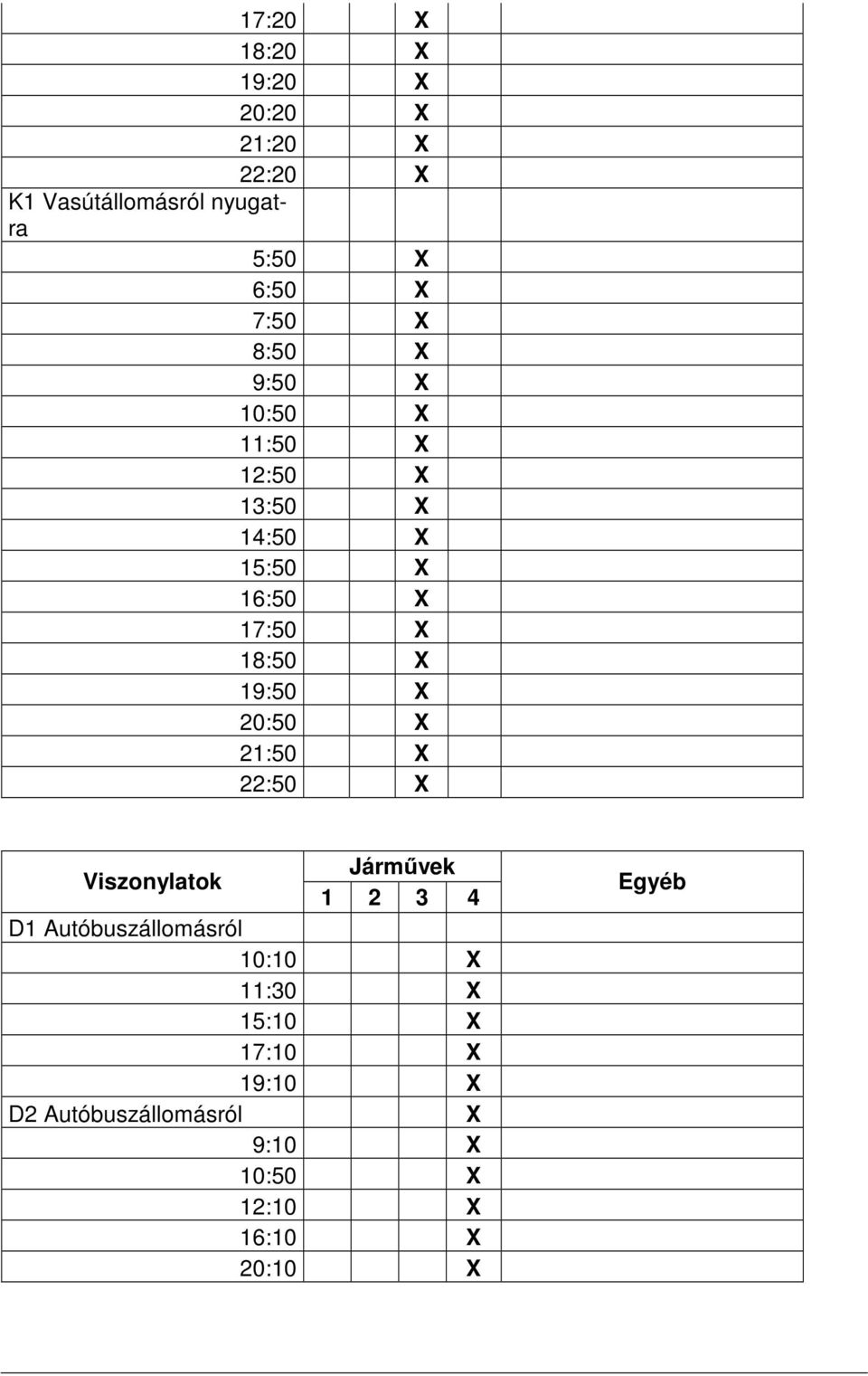 19:50 X 20:50 X 21:50 X 22:50 X Viszonylatok Jármővek 1 2 3 4 D1 Autóbuszállomásról 10:10 X