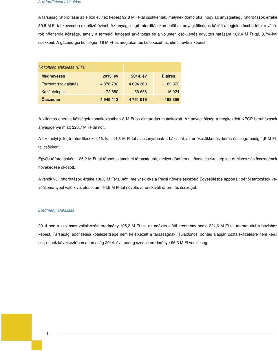 M Ft-tal, 3,7%-kal csökkent. A gázenergia költségen 16 M Ft-os megtakarítás keletkezett az elmúlt évhez képest. Hőköltség alakulása (E Ft) Megnevezés 2013. év 2014.