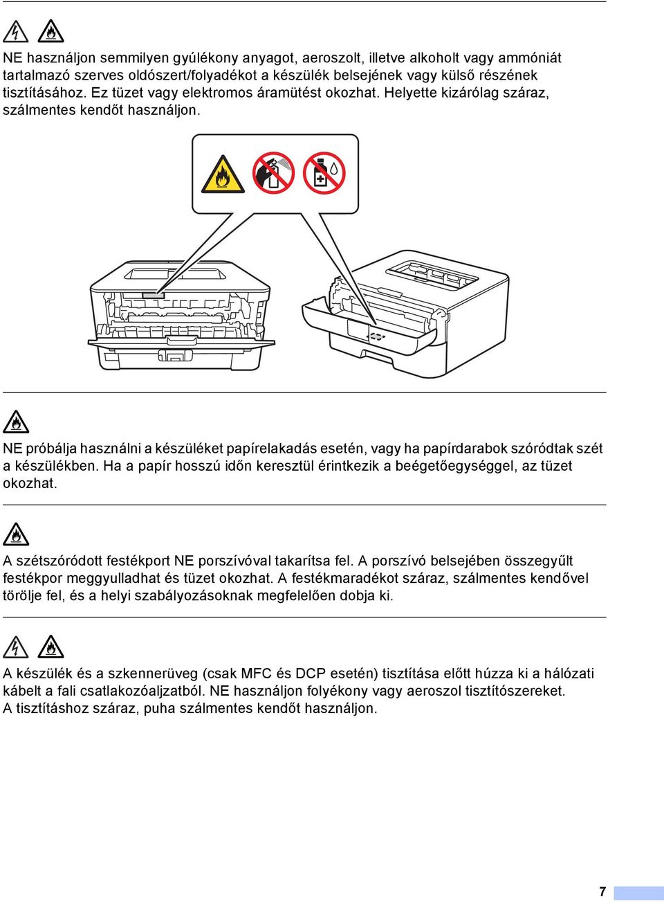 NE próbálja használni a készüléket papírelakadás esetén, vagy ha papírdarabok szóródtak szét a készülékben. Ha a papír hosszú időn keresztül érintkezik a beégetőegységgel, az tüzet okozhat.