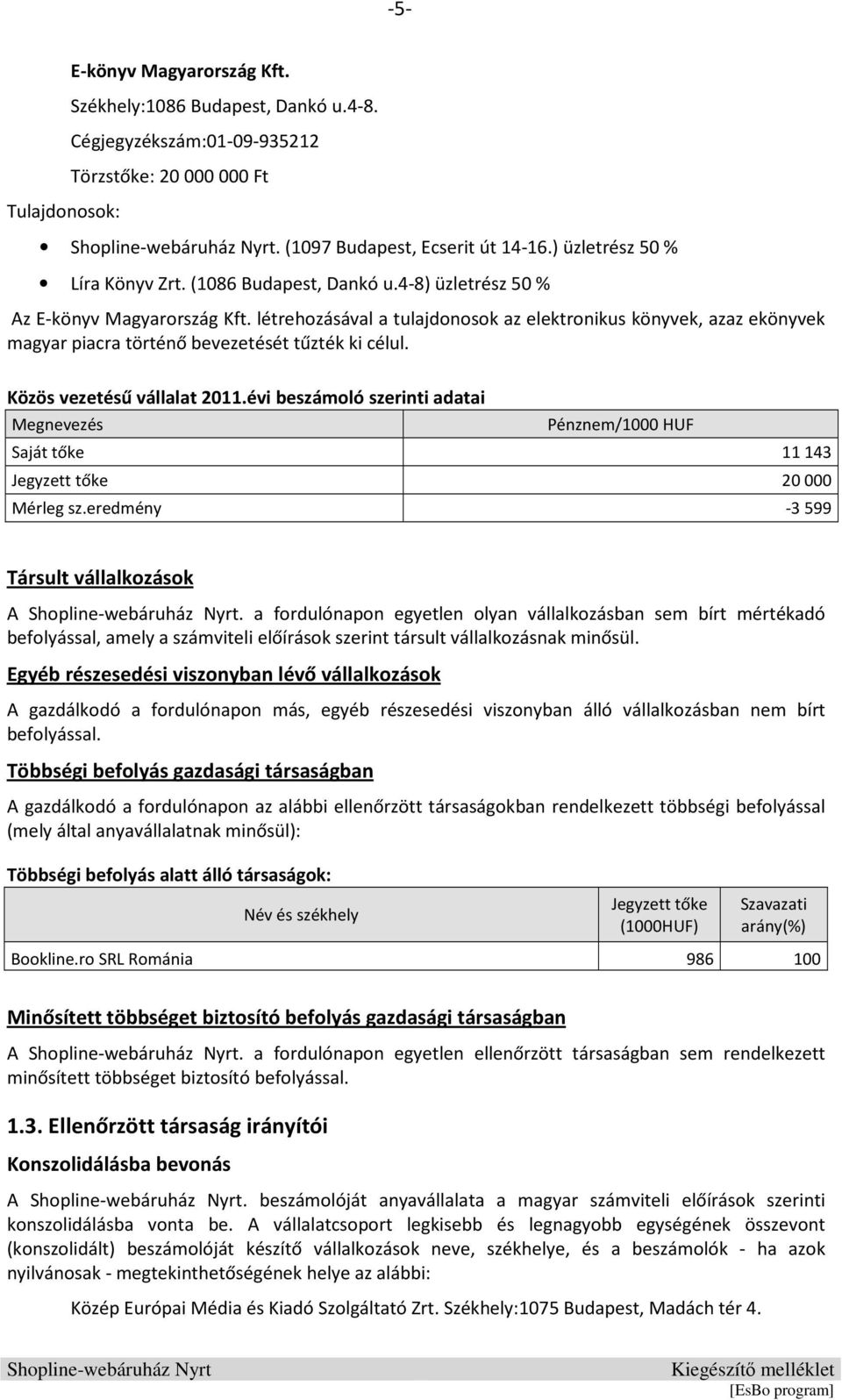 Közös vezetésű vállalat 2011.évi beszámoló szerinti adatai Megnevezés Pénznem/1000 HUF Saját tőke 11 143 Jegyzett tőke 20 000 Mérleg sz.eredmény -3 599 Társult vállalkozások A.