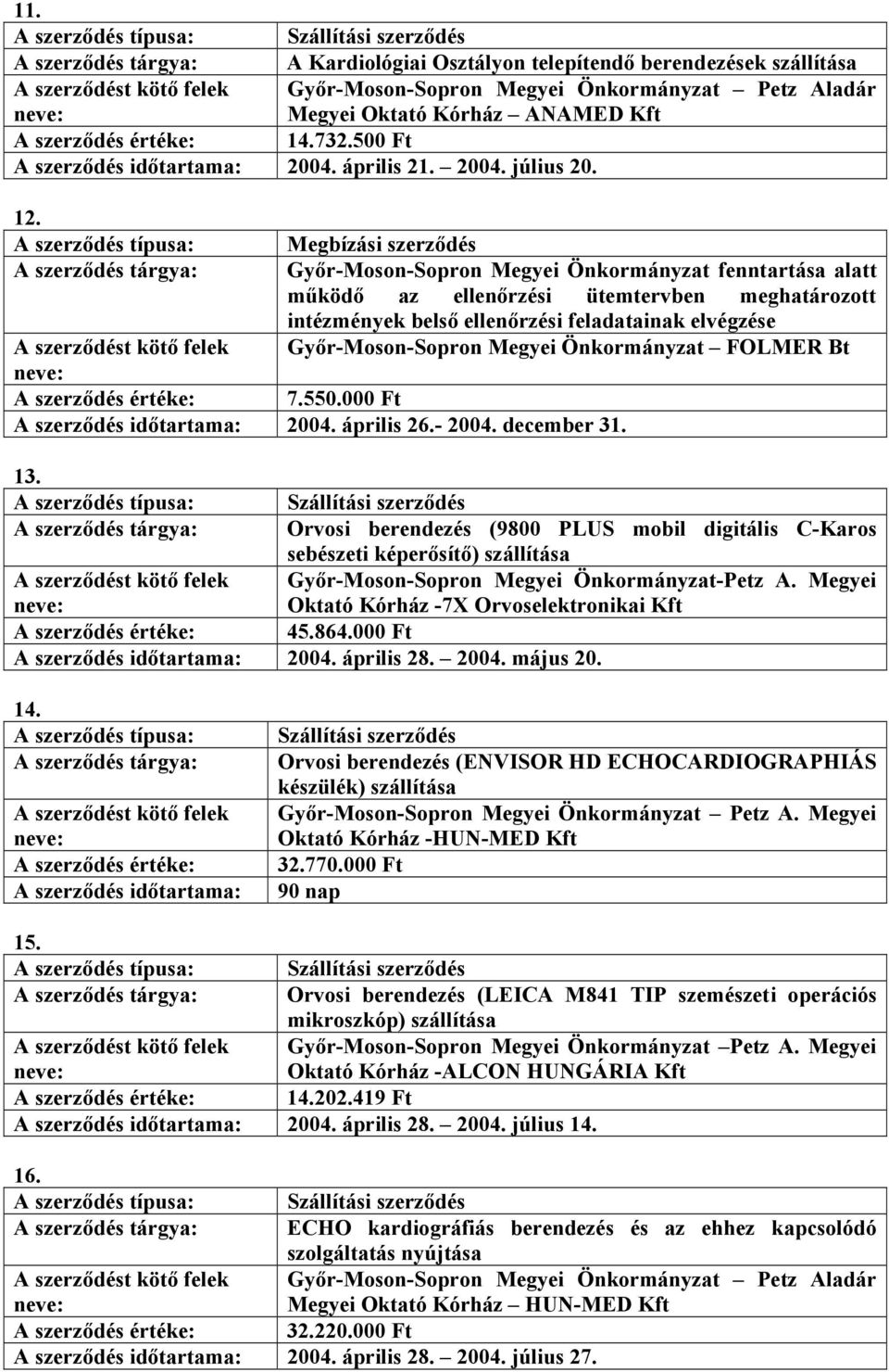 feladatainak elvégzése Győr-Moson-Sopron Megyei Önkormányzat FOLMER Bt A szerződés értéke: 7.550.000 Ft A szerződés időtartama: 2004. április 26.- 2004. december 31. 13.