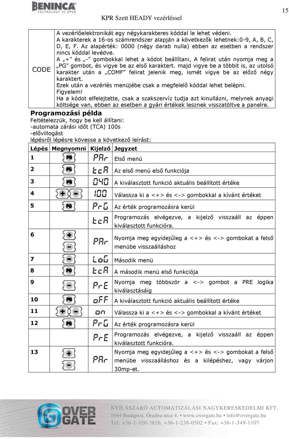 A + és - gombokkal lehet a kódot beállítani, A felirat után nyomja meg a PG gombot, és vigye be az első karaktert.