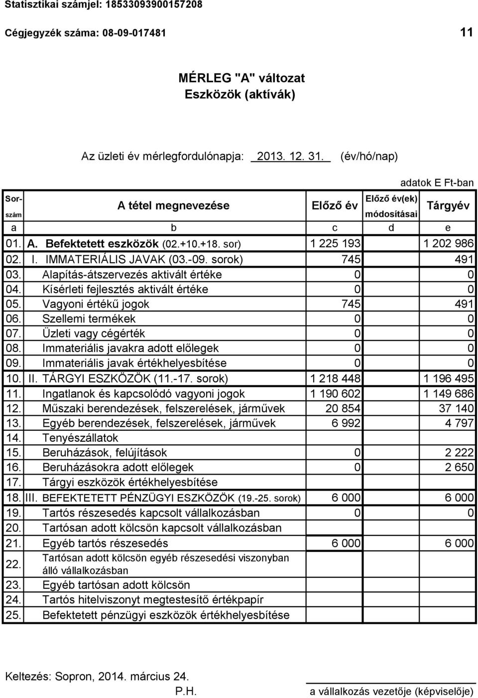 IMMATERIÁLIS JAVAK (03.-09. sorok) 745 491 03. Alapítás-átszervezés aktivált értéke 0 0 04. Kísérleti fejlesztés aktivált értéke 0 0 05. Vagyoni értékű jogok 745 491 06. Szellemi termékek 0 0 07.