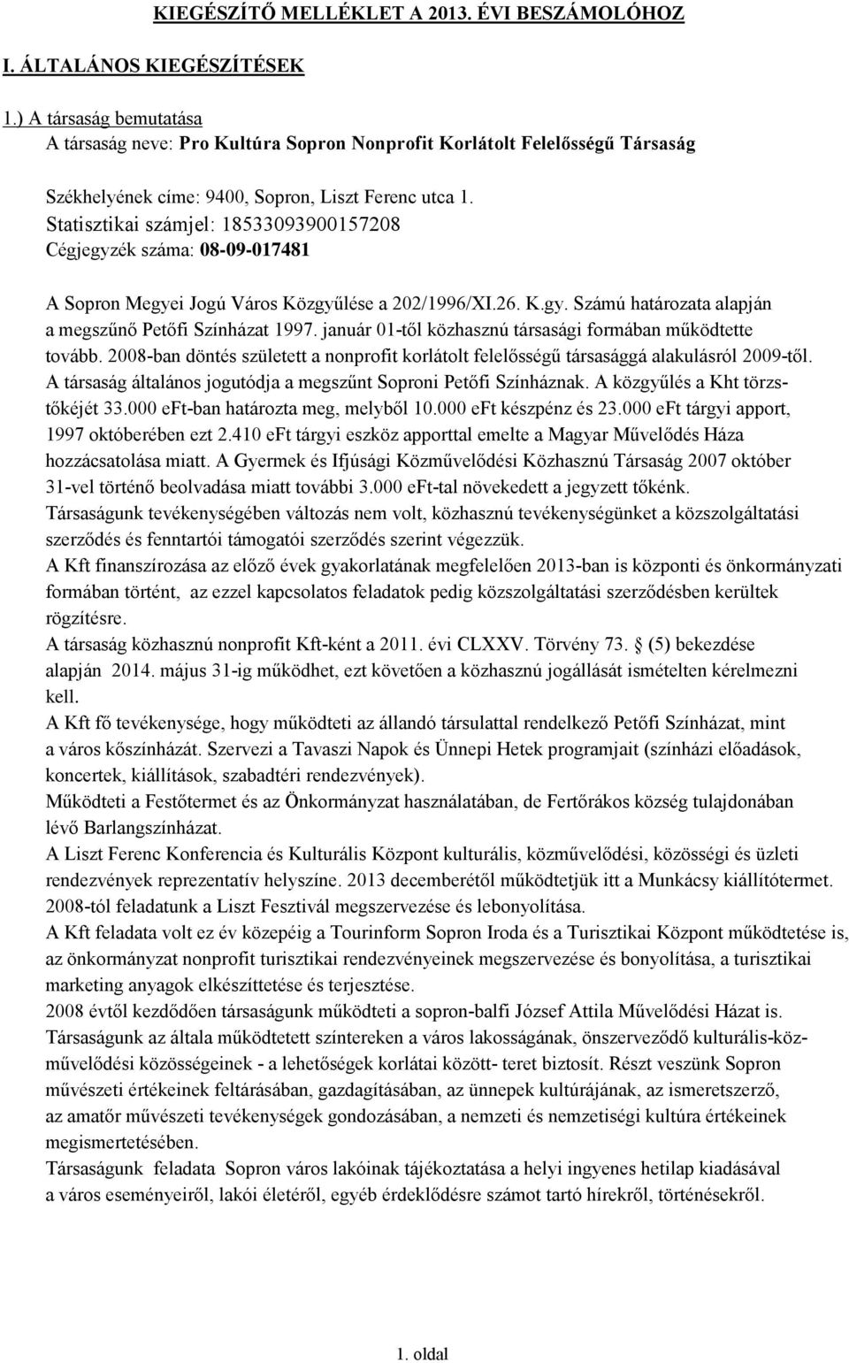 Statisztikai számjel: 18533093900157208 Cégjegyzék száma: 08-09-017481 A Sopron Megyei Jogú Város Közgyűlése a 202/1996/XI.26. K.gy. Számú határozata alapján a megszűnő Petőfi Színházat 1997.