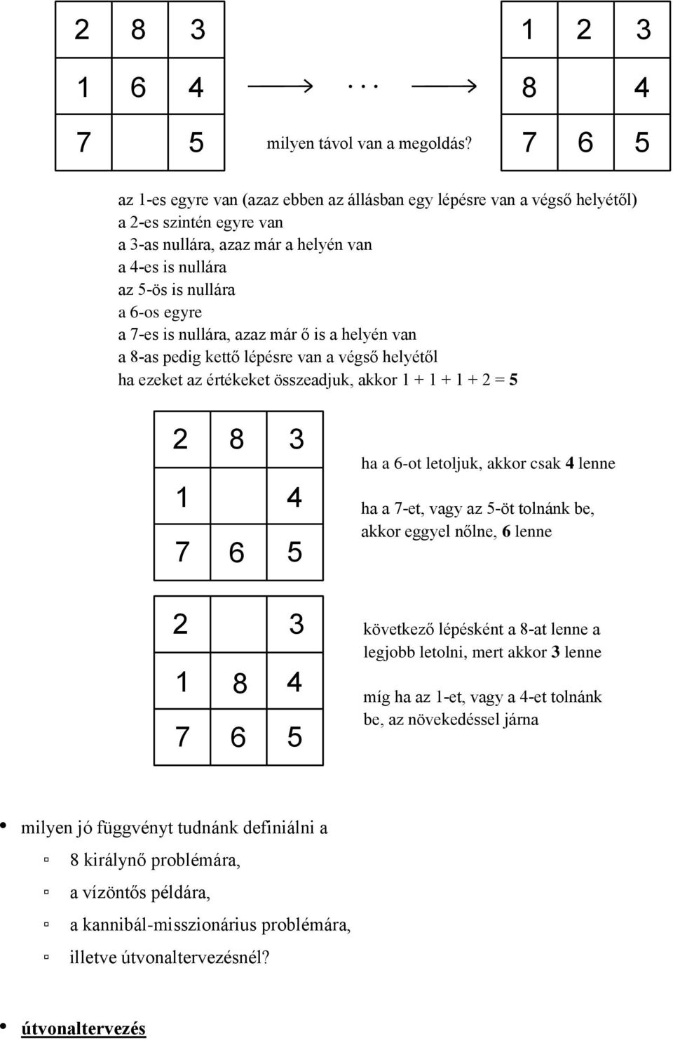 7-es is nullára, azaz már ő is a helyén van a 8-as pedig kettő lépésre van a végső helyétől ha ezeket az értékeket összeadjuk, akkor 1 + 1 + 1 + 2 = 5 2 8 3 1 4 7 6 5 ha a 6-ot letoljuk, akkor csak 4