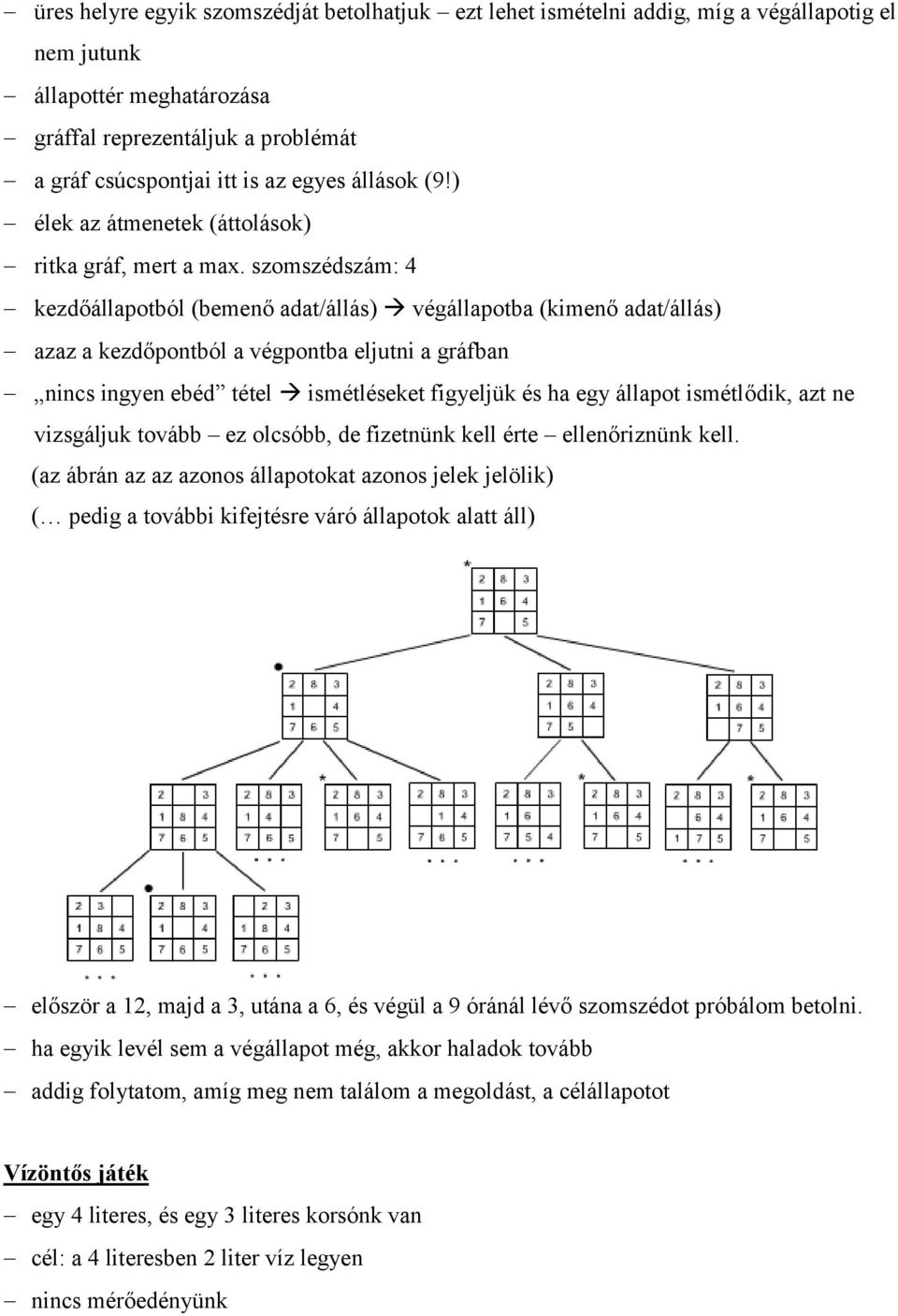 szomszédszám: 4 kezdőállapotból (bemenő adat/állás) végállapotba (kimenő adat/állás) azaz a kezdőpontból a végpontba eljutni a gráfban nincs ingyen ebéd tétel ismétléseket figyeljük és ha egy állapot