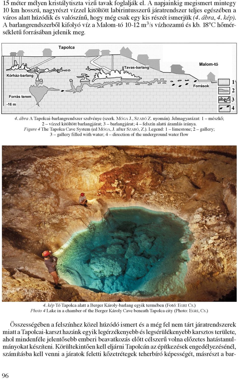 ábra, 4. kép). A barlangrendszerből kifolyó víz a Malom-tó 10-12 m 3 /s vízhozamú és kb. 18 C hőmérsékletű forrásában jelenik meg. 4. ábra A Tapolcai-barlangrendszer szelvénye (szerk. Móga J.