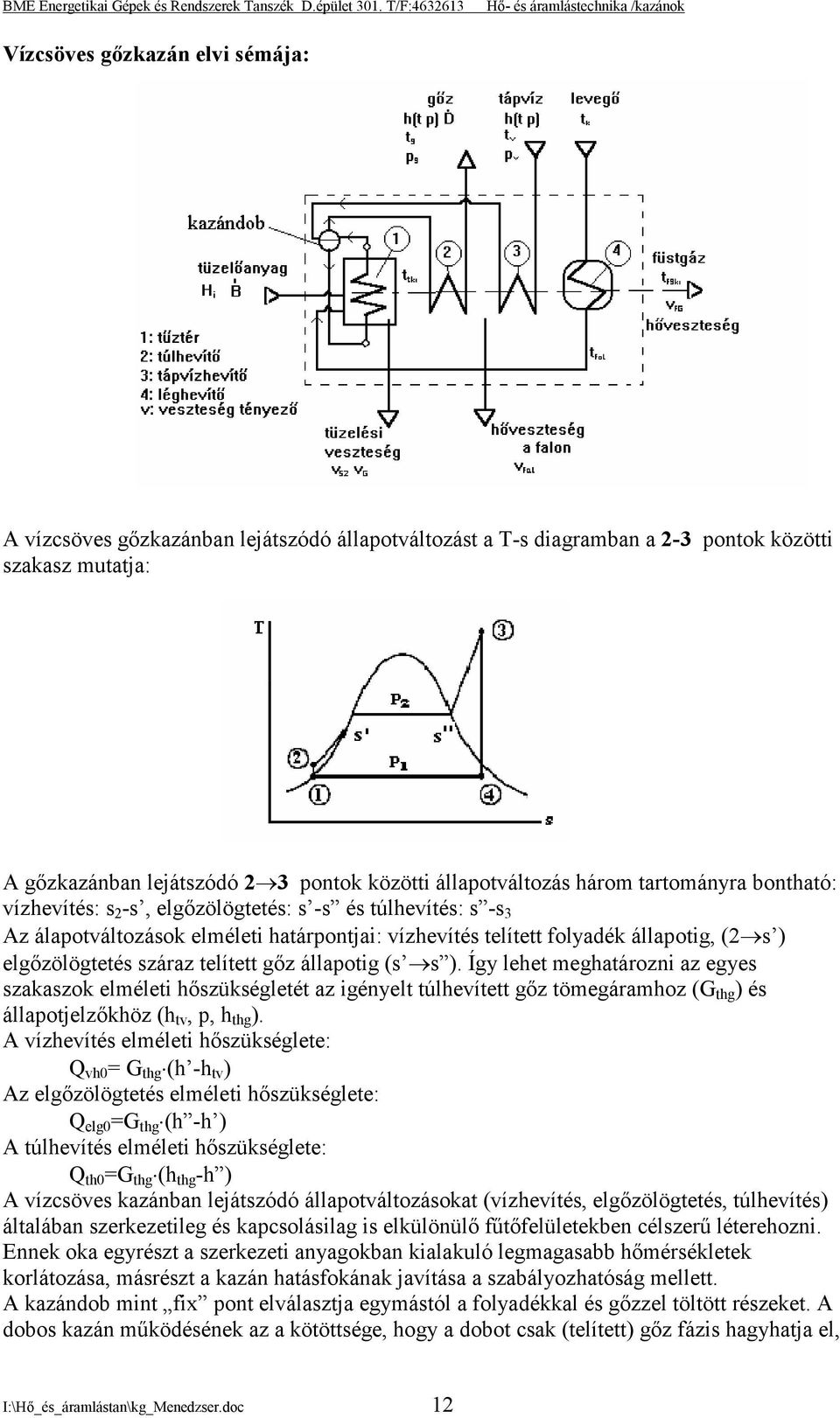 száraz telített gőz állapotig (s s ). Így lehet meghatározni az egyes szakaszok elméleti hőszükségletét az igényelt túlhevített gőz tömegáramhoz (G thg ) és állapotjelzőkhöz (h tv, p, h thg ).