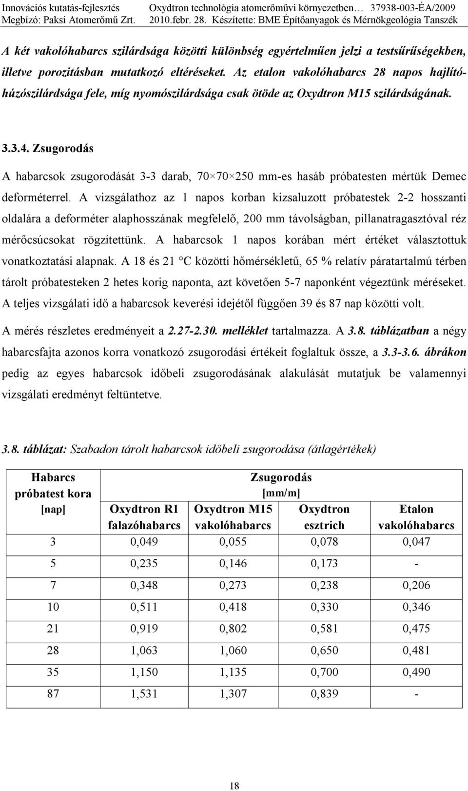 Zsugorodás A habarcsok zsugorodását 3-3 darab, 70 70 250 mm-es hasáb próbatesten mértük Demec deforméterrel.