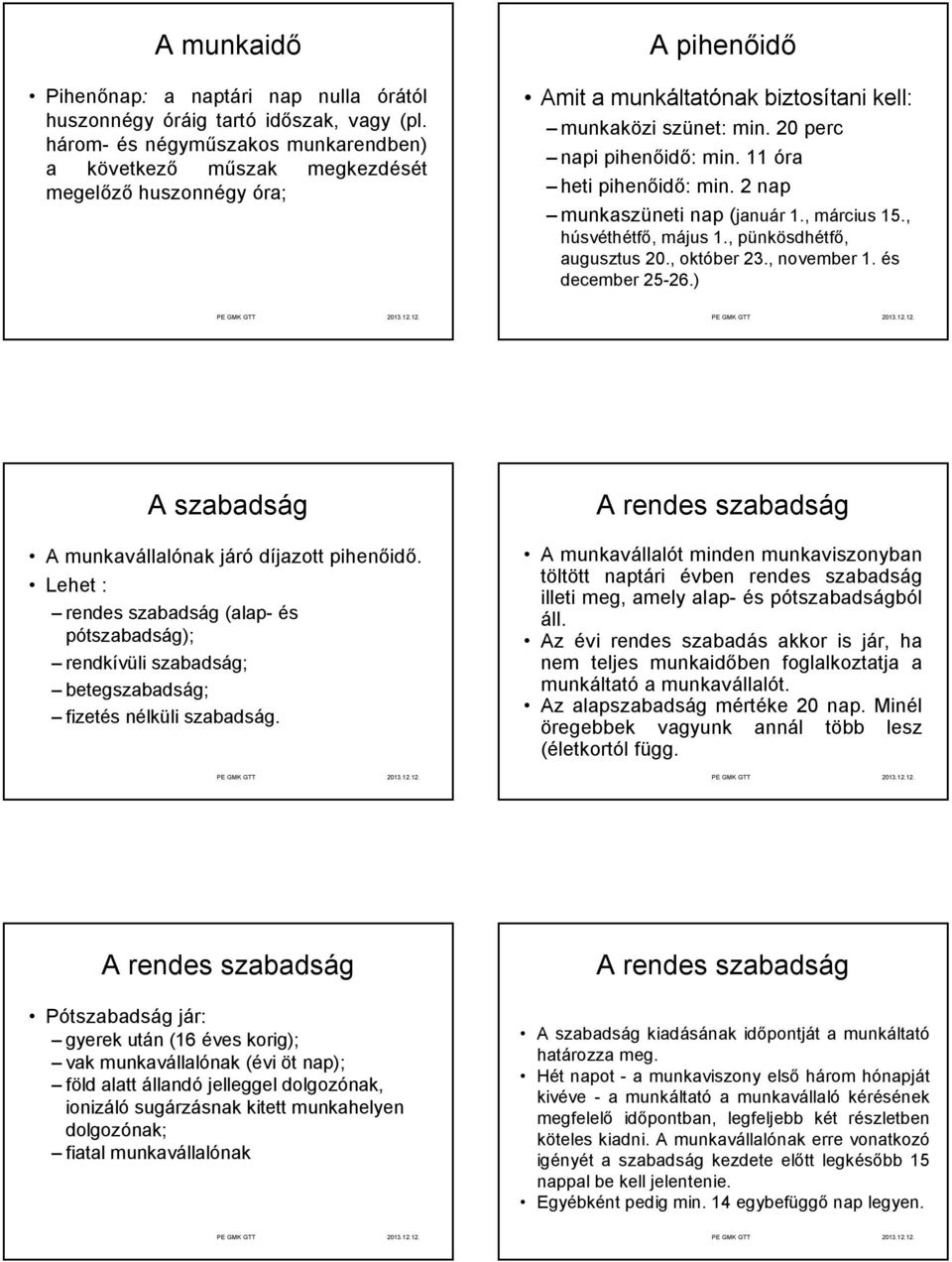 11 óra heti pihenőidő: min. 2 nap munkaszüneti nap (január 1., március 15., húsvéthétfő, május 1., pünkösdhétfő, augusztus 20., október 23., november 1. és december 25-26.