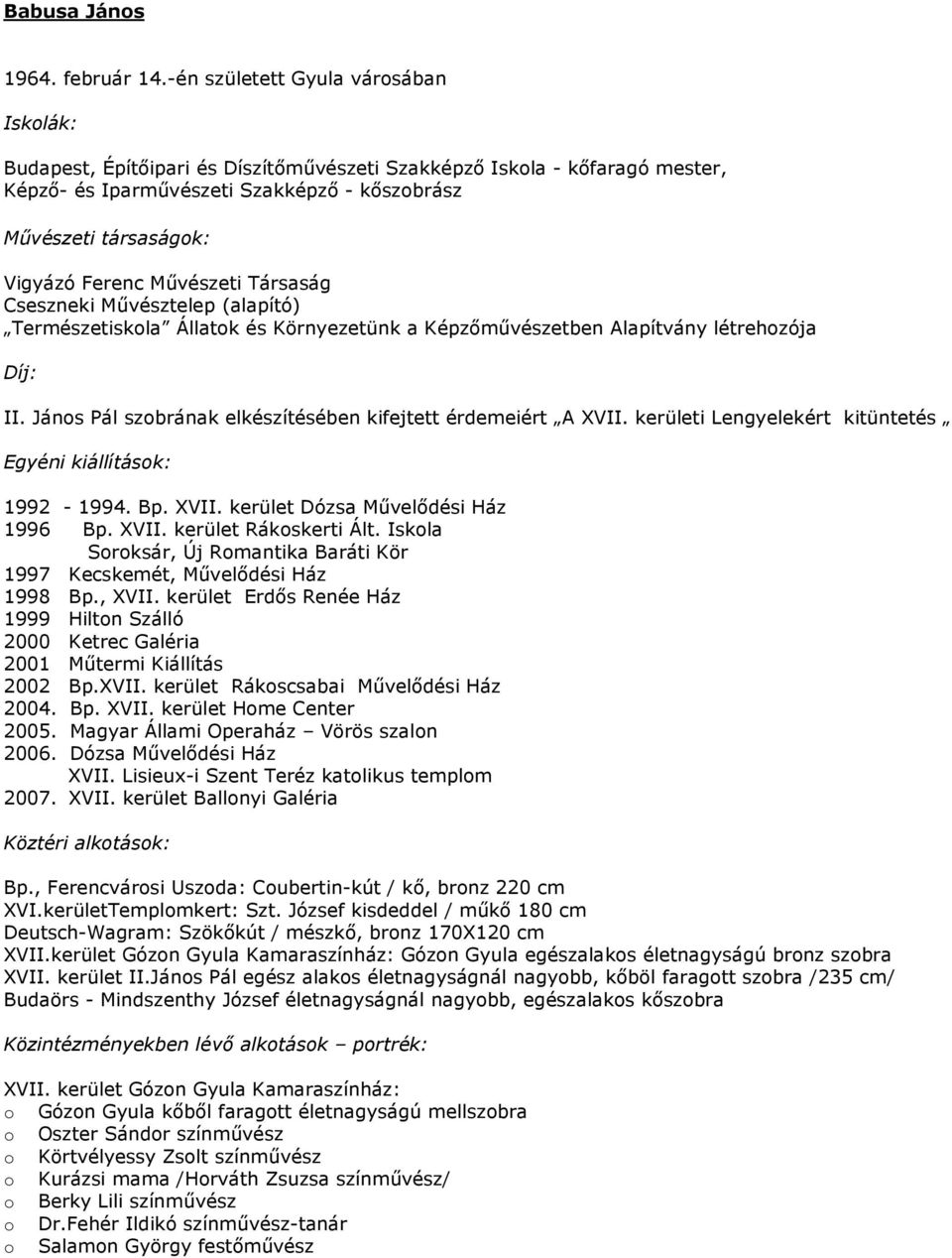 Mővészeti Társaság Cseszneki Mővésztelep (alapító) Természetiskola Állatok és Környezetünk a Képzımővészetben Alapítvány létrehozója Díj: II.