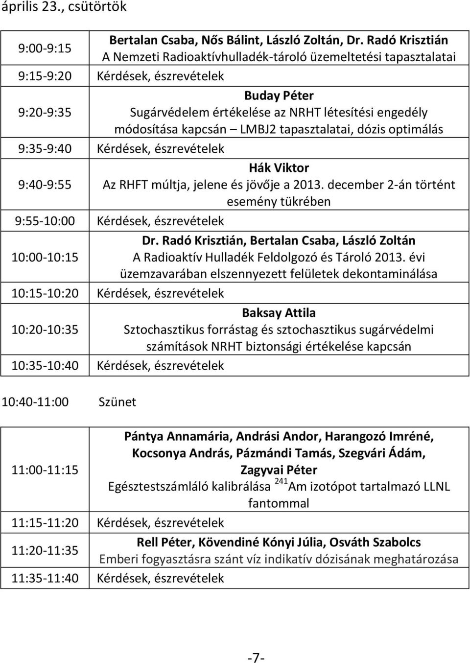 módosítása kapcsán LMBJ2 tapasztalatai, dózis optimálás 9:35-9:40 Kérdések, észrevételek Hák Viktor 9:40-9:55 Az RHFT múltja, jelene és jövője a 2013.