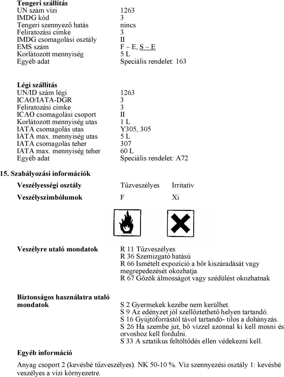 mennyiség utas Y305, 305 5 L IATA csomagolás teher 307 IATA max. mennyiség teher Egyéb adat 60 L Speciális rendelet: A72 15.