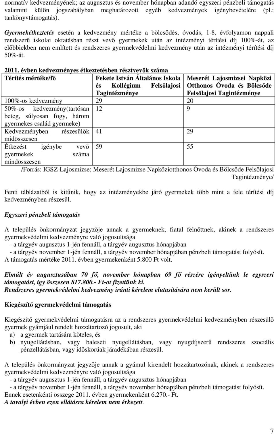 évfolyamon nappali rendszerő iskolai oktatásban részt vevı gyermekek után az intézményi térítési díj 100%-át, az elıbbiekben nem említett és rendszeres gyermekvédelmi kedvezmény után az intézményi