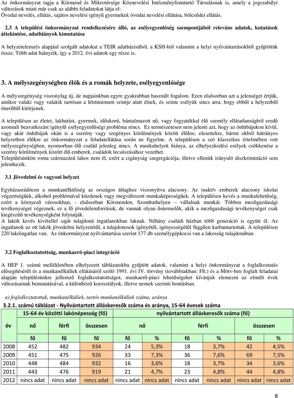 3 A települési önkormányzat rendelkezésére álló, az esélyegyenlőség szempontjából releváns adatok, kutatások áttekintése, adathiányok kimutatása A helyzetelemzés alapjául szolgált adatokat a TEIR