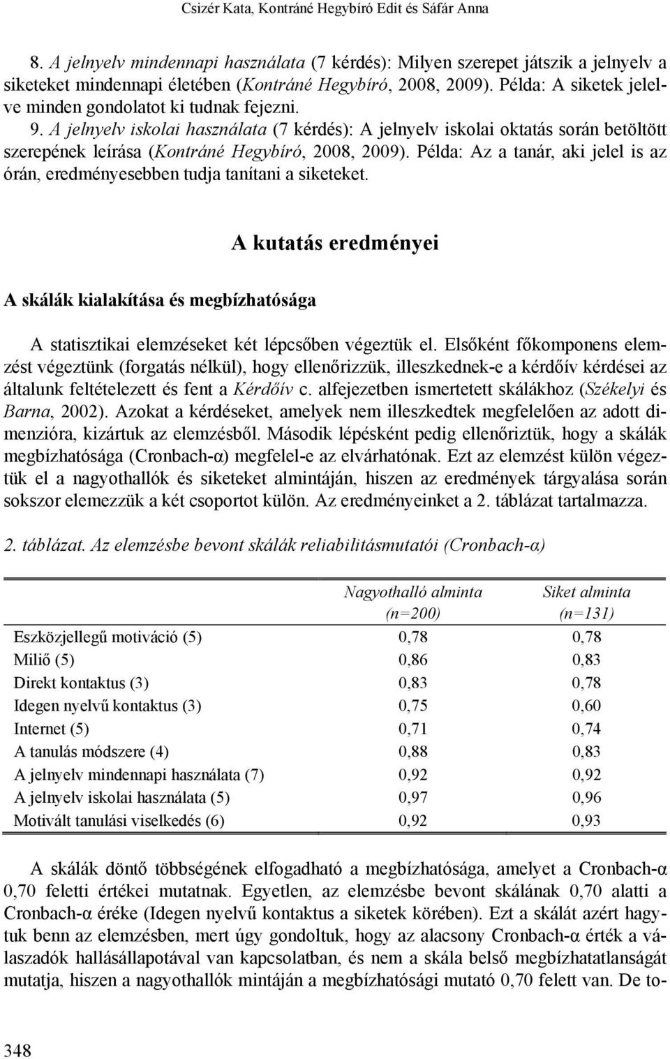 A jelnyelv iskolai használata (7 kérdés): A jelnyelv iskolai oktatás során betöltött szerepének leírása (Kontráné Hegybíró, 2008, 2009).