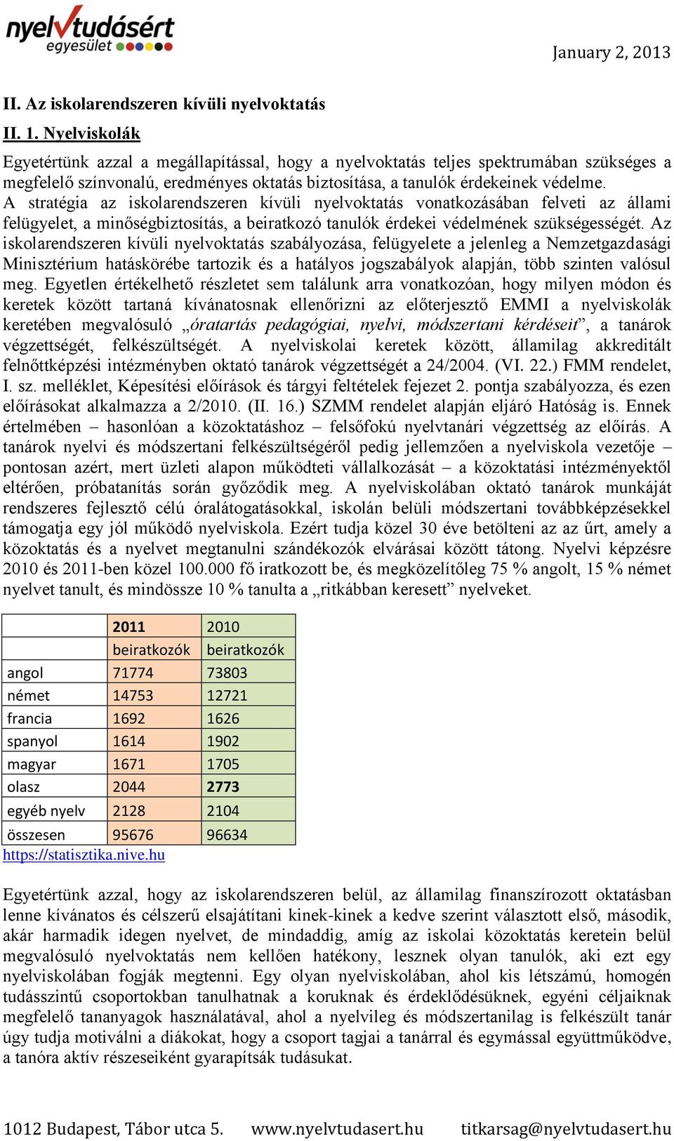 A stratégia az iskolarendszeren kívüli nyelvoktatás vonatkozásában felveti az állami felügyelet, a minőségbiztosítás, a beiratkozó tanulók érdekei védelmének szükségességét.