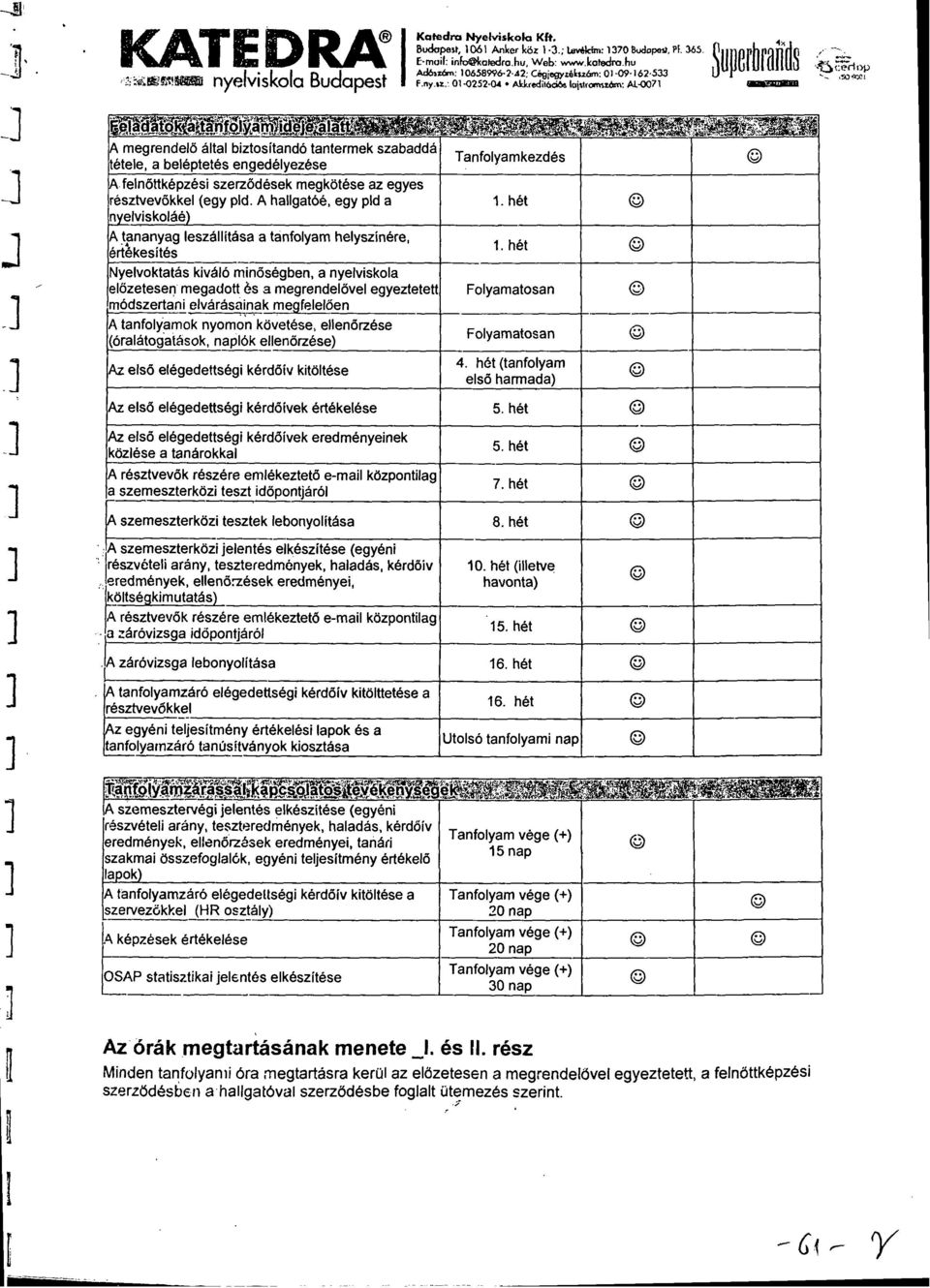 AIWI mmmana mwmmíwmwimmmmm A megrendelő által biztosítandó tantermek szabaddá tétele, a beléptetés engedélyezése A felnőttképzési szerződések megkötése az egyes résztvevőkkel (egy pld.