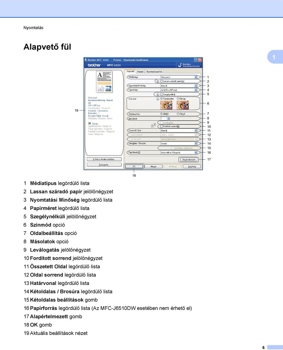 Fordított sorrend jelölőnégyzet 11 Összetett Oldal legördülő lista 12 Oldal sorrend legördülő lista 13 Határvonal legördülő lista 14 Kétoldalas / Brosúra legördülő