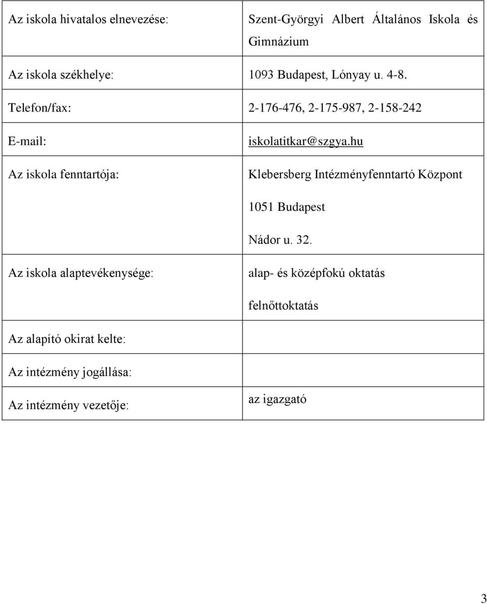 Telefon/fax: 2-176-476, 2-175-987, 2-158-242 E-mail: Az iskola fenntartója: iskolatitkar@szgya.