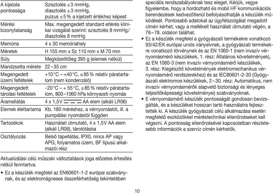 megengedett standard eltérés klinikai vizsgálat szerint: szisztolés 8 mmhg / diasztolés 8 mmhg 4 x 30 memóriahely H 155 mm x Sz 110 mm x M 70 mm Megközelítőleg 395 g (elemek nélkül) 22 35 cm +10 C