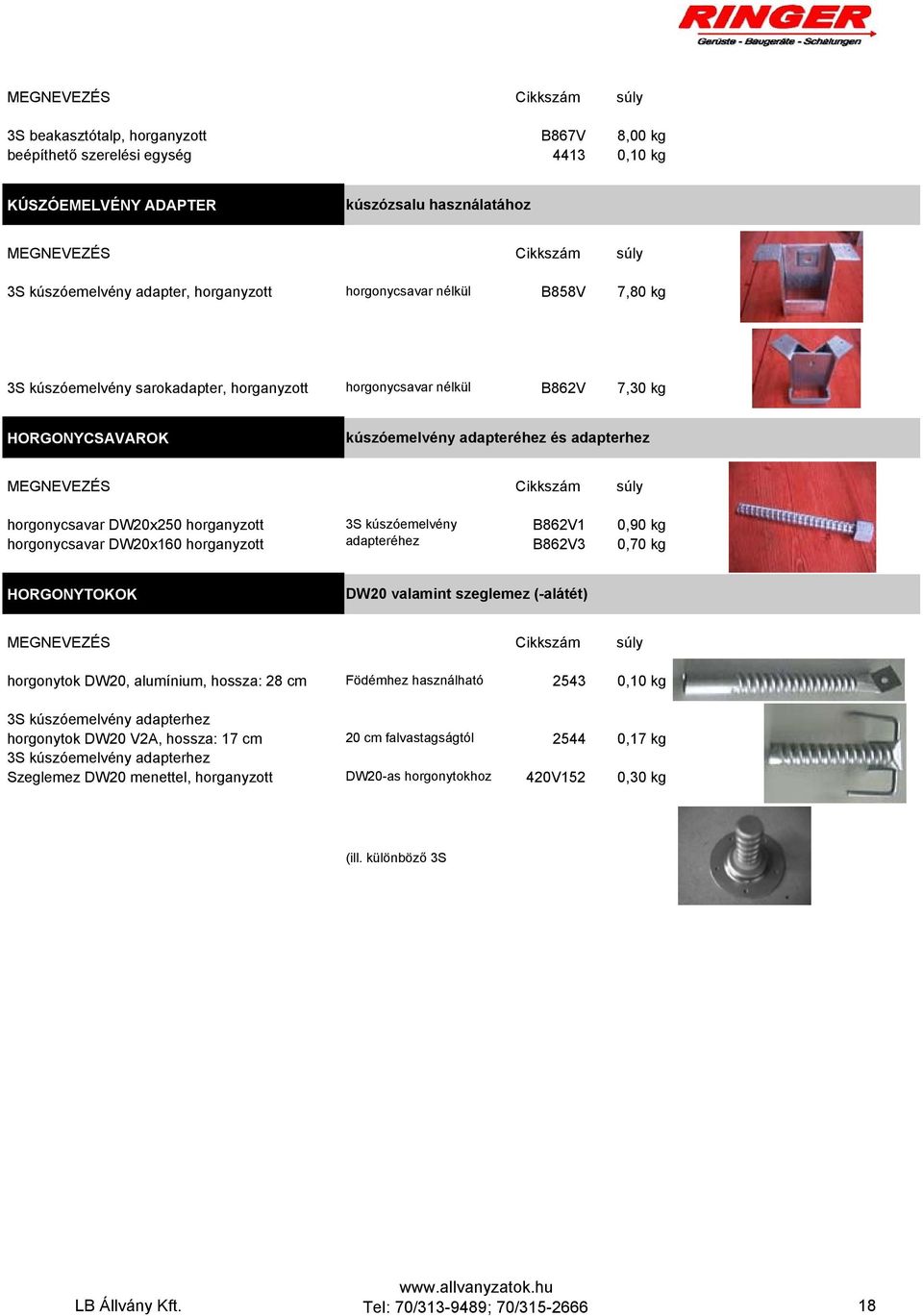 DW20x160 adapteréhez B862V3 0,70 kg HORGONYTOKOK DW20 valamint szeglemez (-alátét) horgonytok DW20, alumínium, hossza: 28 cm 3S kúszóemelvény adapterhez horgonytok DW20 V2A, hossza: 17 cm 3S