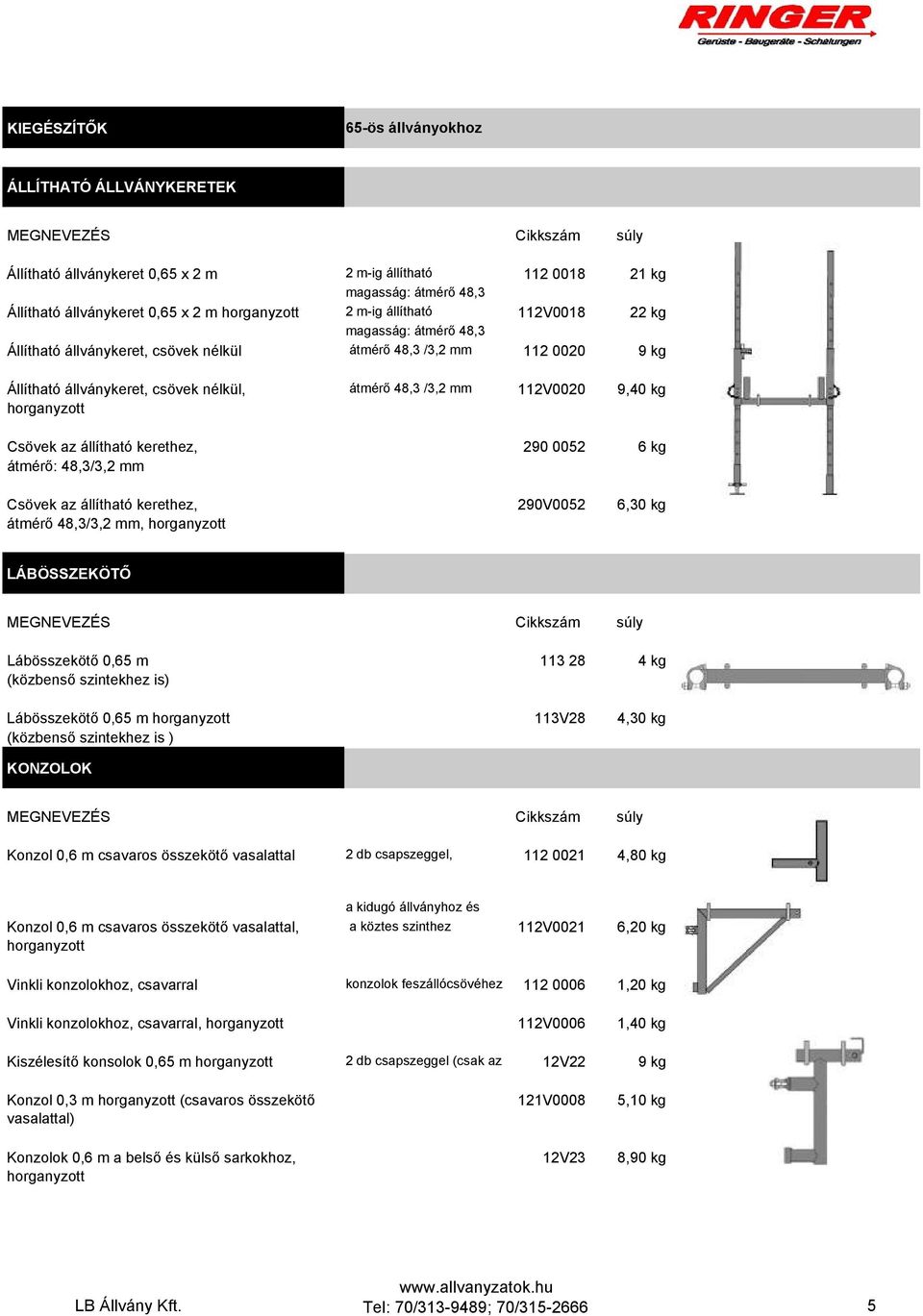 állítható kerethez, átmérő: 48,3/3,2 mm 290 0052 6 kg Csövek az állítható kerethez, 290V0052 6,30 kg átmérő 48,3/3,2 mm, LÁBÖSSZEKÖTŐ Lábösszekötő 0,65 m (közbenső szintekhez is) 113 28 4 kg