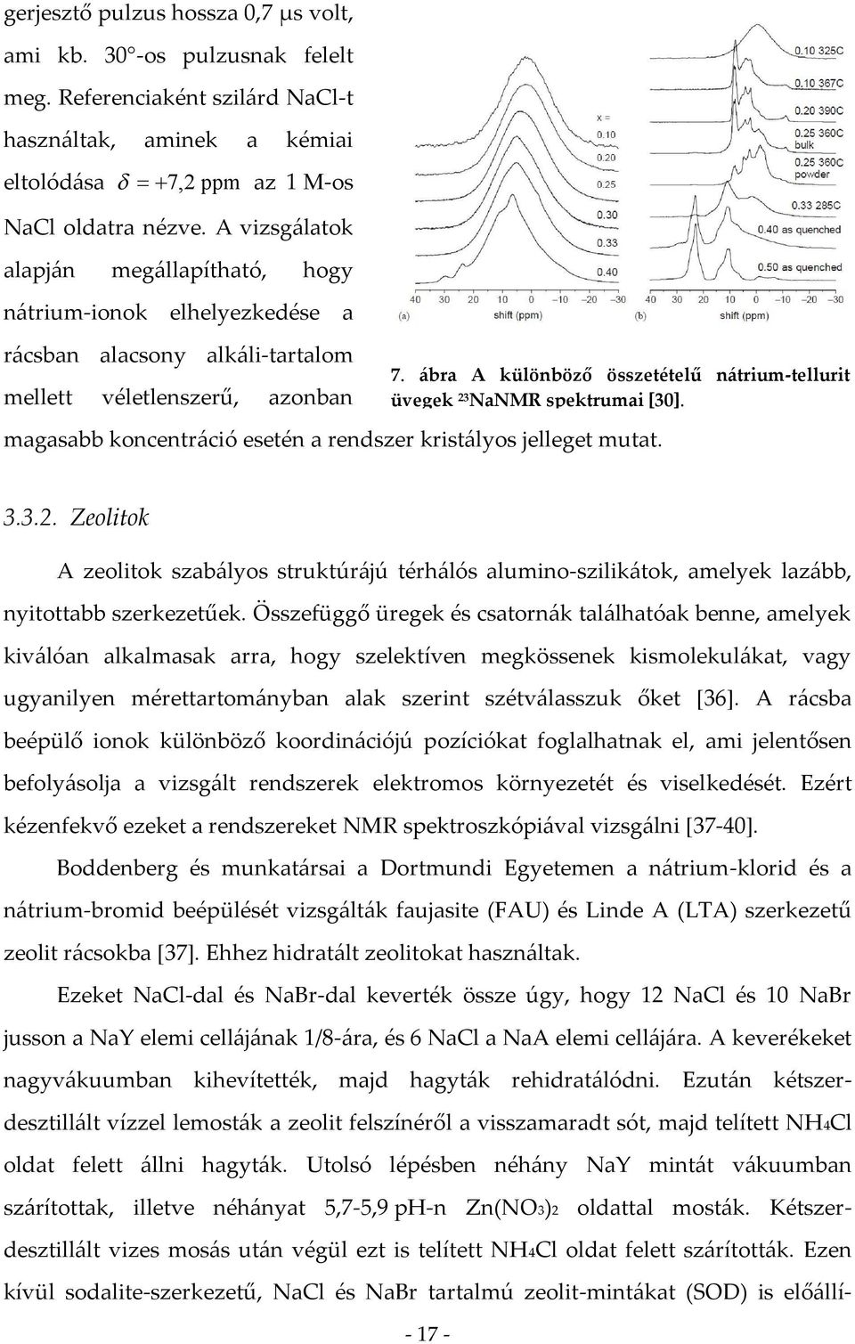 ábra A különböző összetételű nátrium-tellurit üvegek 3 NaNMR spektrumai [30]. magasabb koncentráció esetén a rendszer kristályos jelleget mutat. 3.3.. Zeolitok A zeolitok szabályos struktúrájú térhálós alumino-szilikátok, amelyek lazább, nyitottabb szerkezetűek.