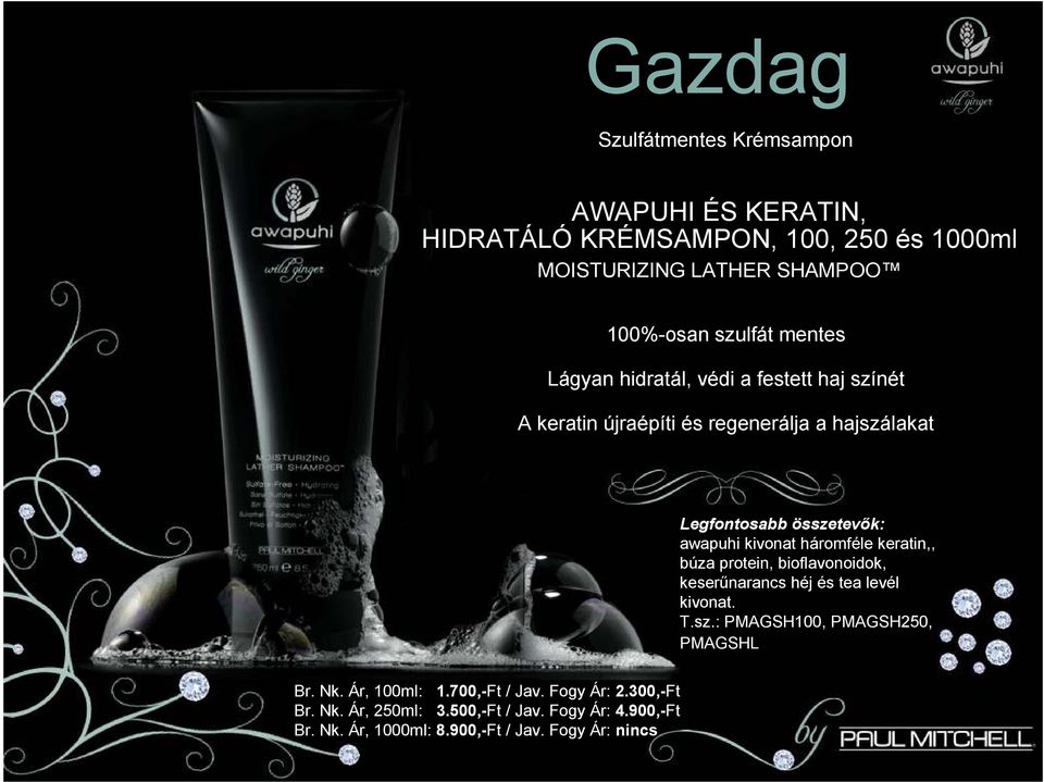 háromféle keratin,, búza protein, bioflavonoidok, keserűnarancs héj és tea levél kivonat. T.sz.: PMAGSH100, PMAGSH250, PMAGSHL Br. Nk.